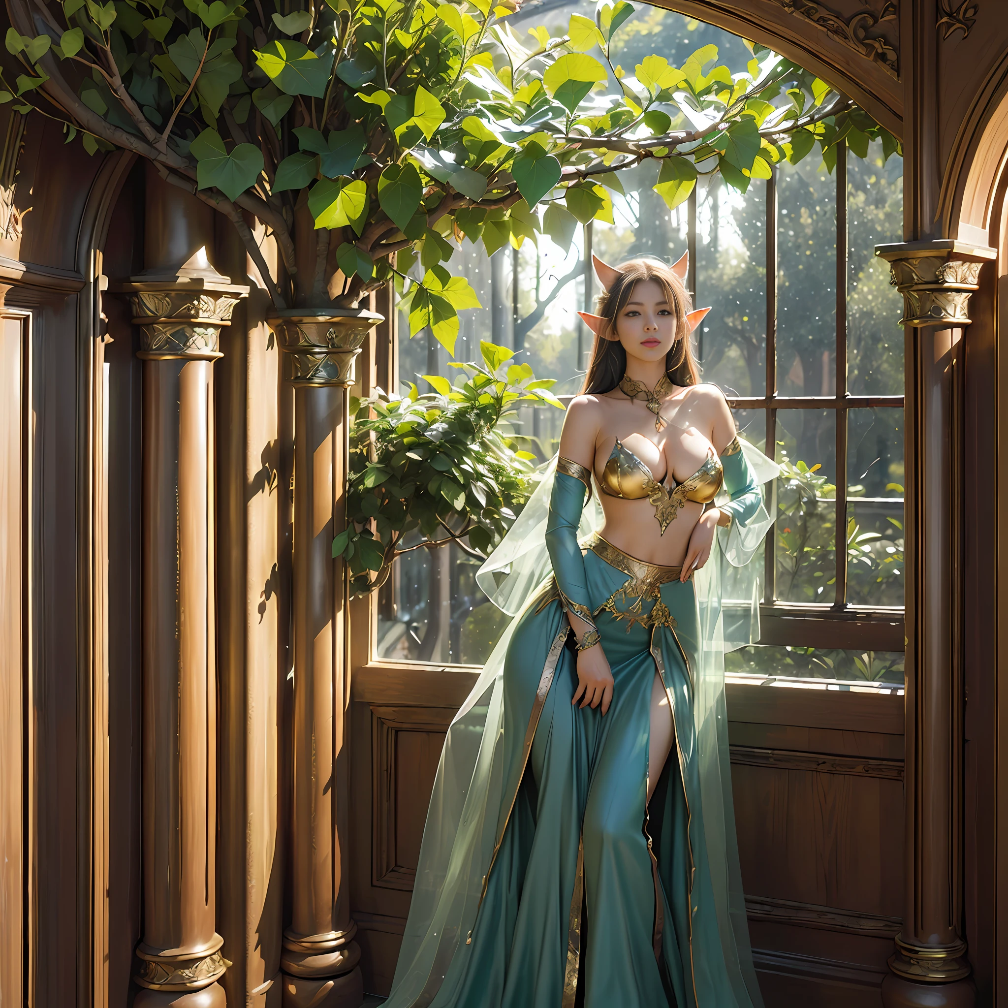 best quality, masterpiece, ultra high res, (photorealistic:1.8), detailed skin, etherial, elf ears, huge mansion, gold walls, climbing ivy, glowing, busty, cleavage, mystical, foggy, translucent