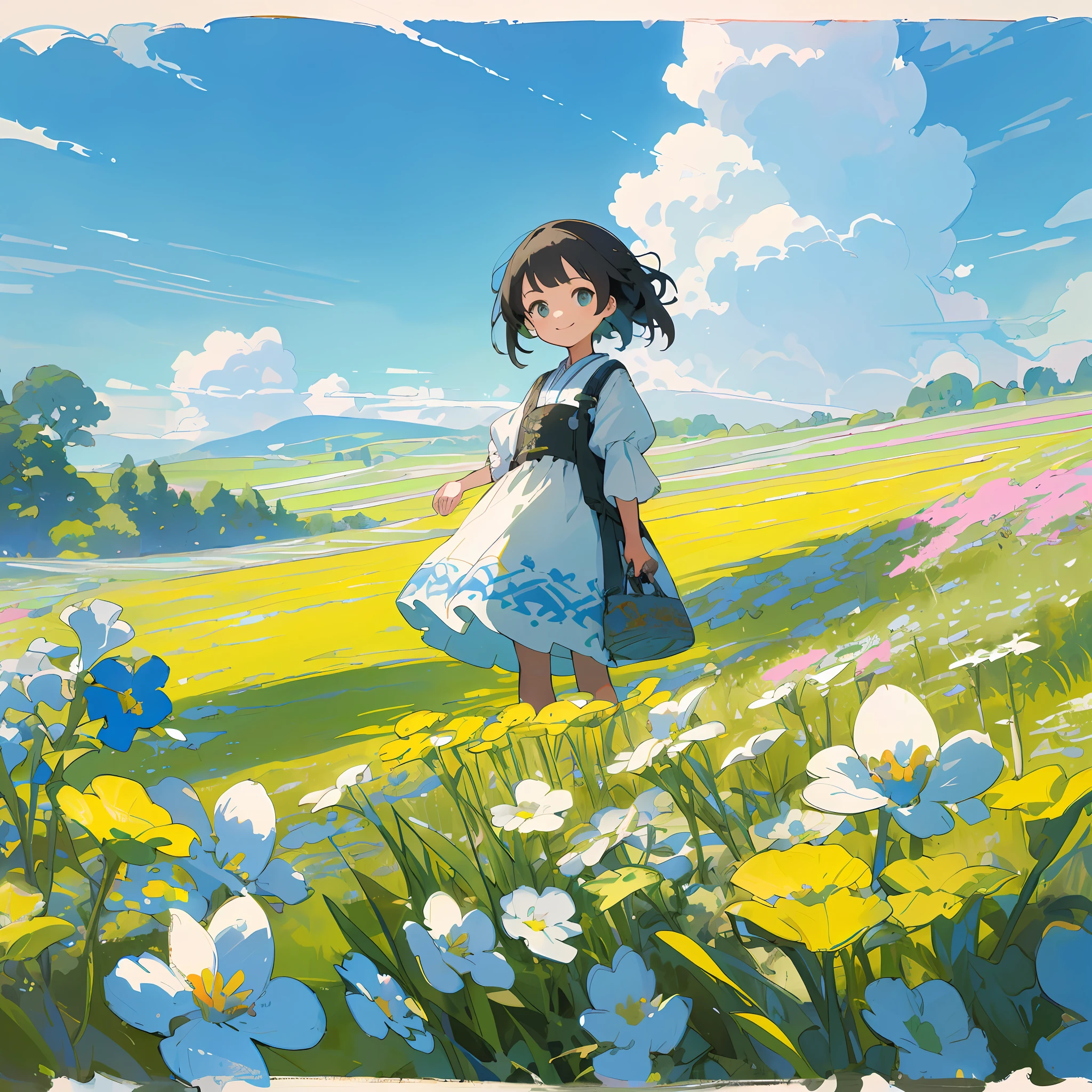 ((masterpiece, best quality, highest quality, illustration, intricate details)), blue sky, white clouds, meadow, 1 , bright smile, fresh style, fresh tone, rich color, high saturation, depth of field, outdoors, Miyazaki style