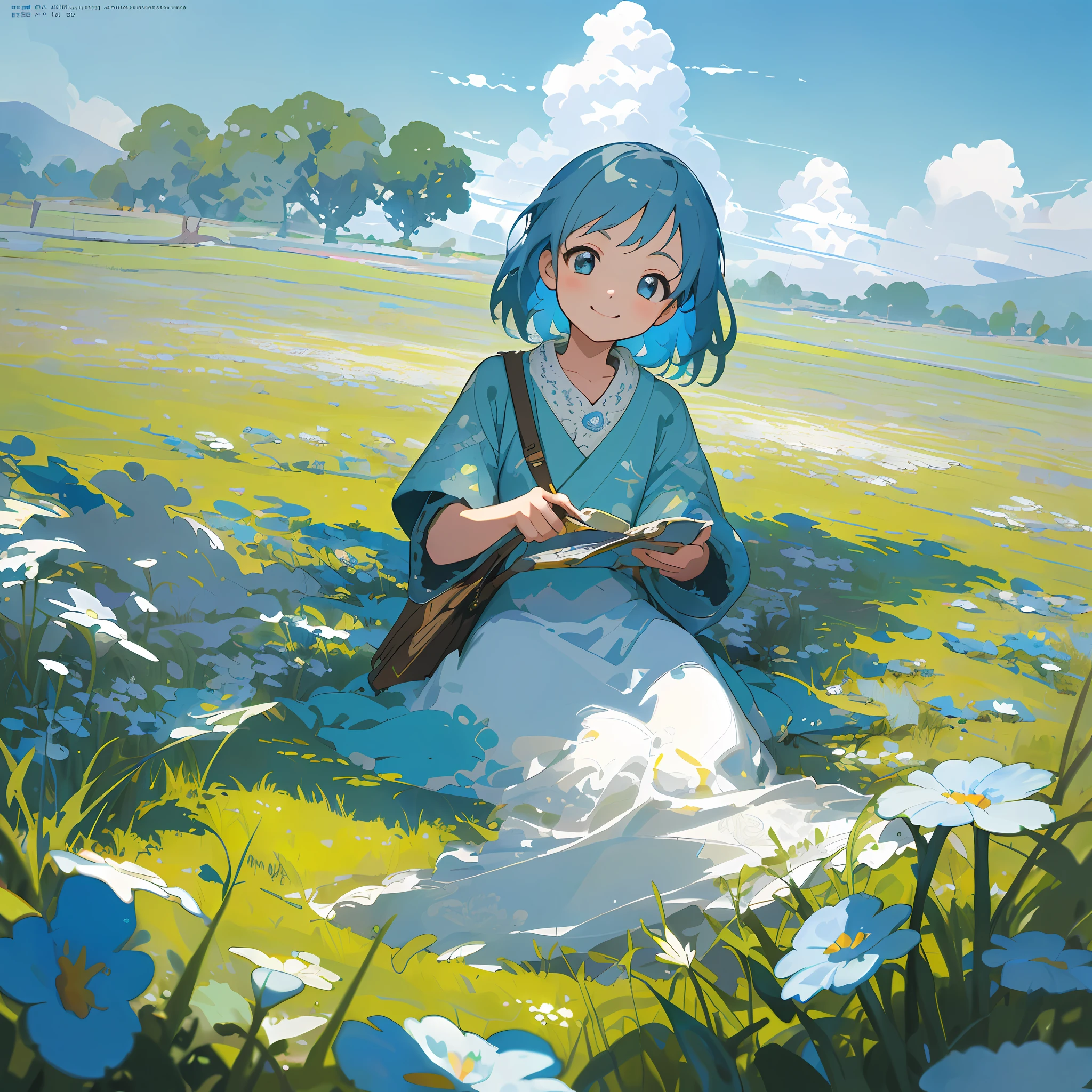 ((masterpiece, best quality, highest quality, illustration, intricate details)), blue sky, white clouds, meadow, 1 little girl, bright smile, fresh style, fresh tone, rich color, high saturation, depth of field, outdoors, Miyazaki style