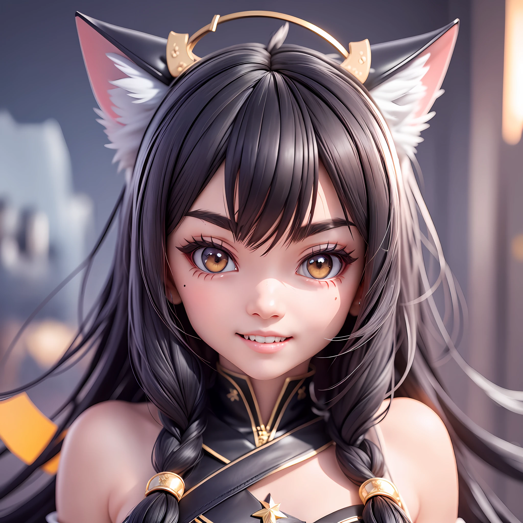 black hair, hair bobbles, wince, longeyelashes, solid circle eyes, fake animal ears, light smile, ear blush, fang, hair flaps, huge ahoge, mole under eye, Surrealism, drop shadow, anaglyph, stereogram, tachi-e, pov, atmospheric perspective, god rays, cinematic lighting, 8k, super detail, ccurate, best quality