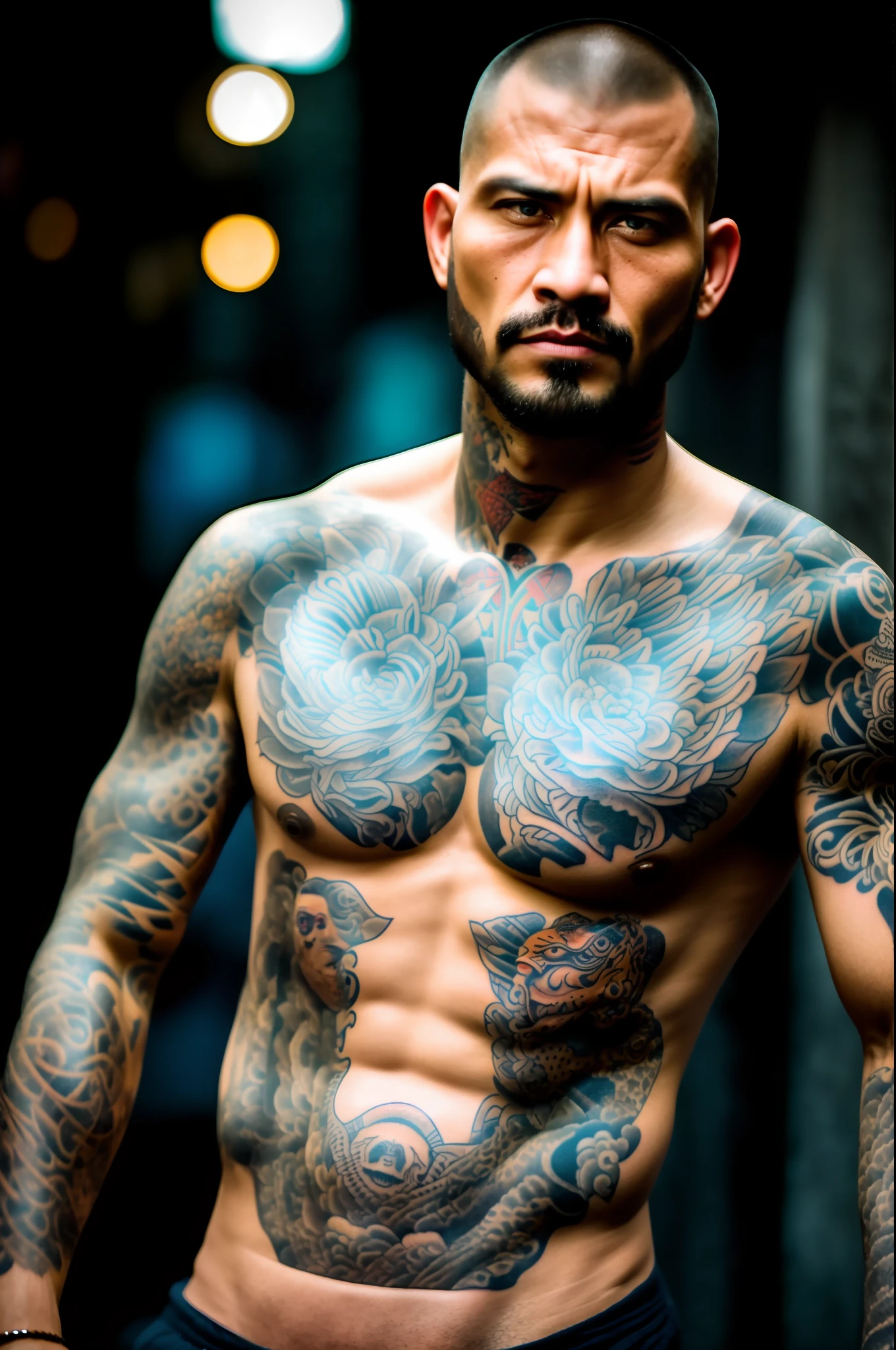 portrait a men tatoo skin,masterpiece,best quality,cinematic photo of a ganger with face tatoos, epic lighting, background in tokyo,