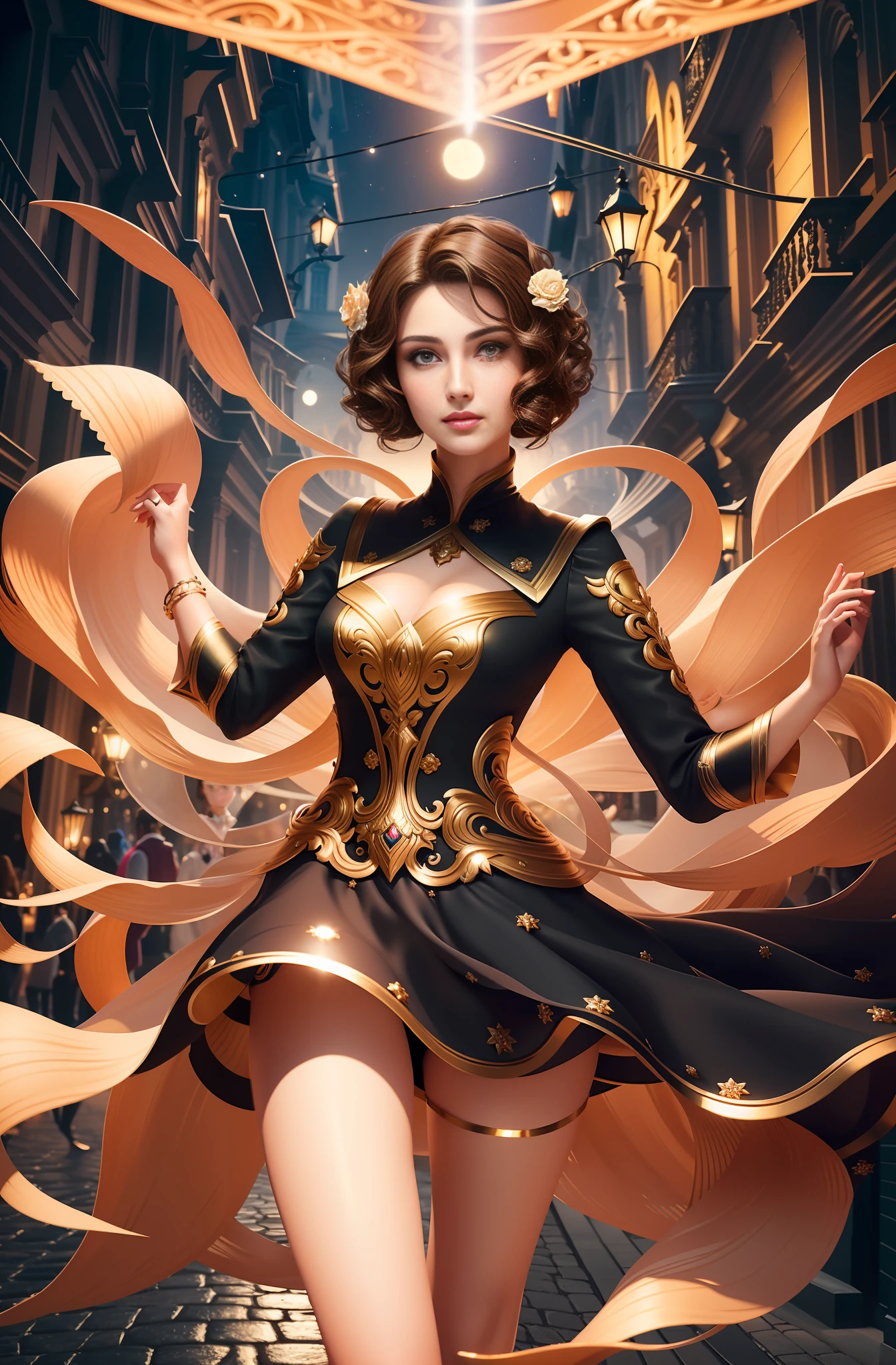 best quality, masterpiece, ultra resolution, (unreal engine: 1.4, realistic: 1.4), original photo, masterpiece, best quality, super detail, Illustrations, (bust shot, street, moon light), masterpiece, 1girl, solo exhibition, beautiful woman on bustling street, surrounded by vendors, beautiful goddess girl portrait, beautiful and detailed face, porcelain skin, ((bust lens, center, night, brunette hair, short hair)), super soft lighting, symmetry, complexity, elegance, high detail, realism , art, concept art, smile, fantasy costume, super fine costume,