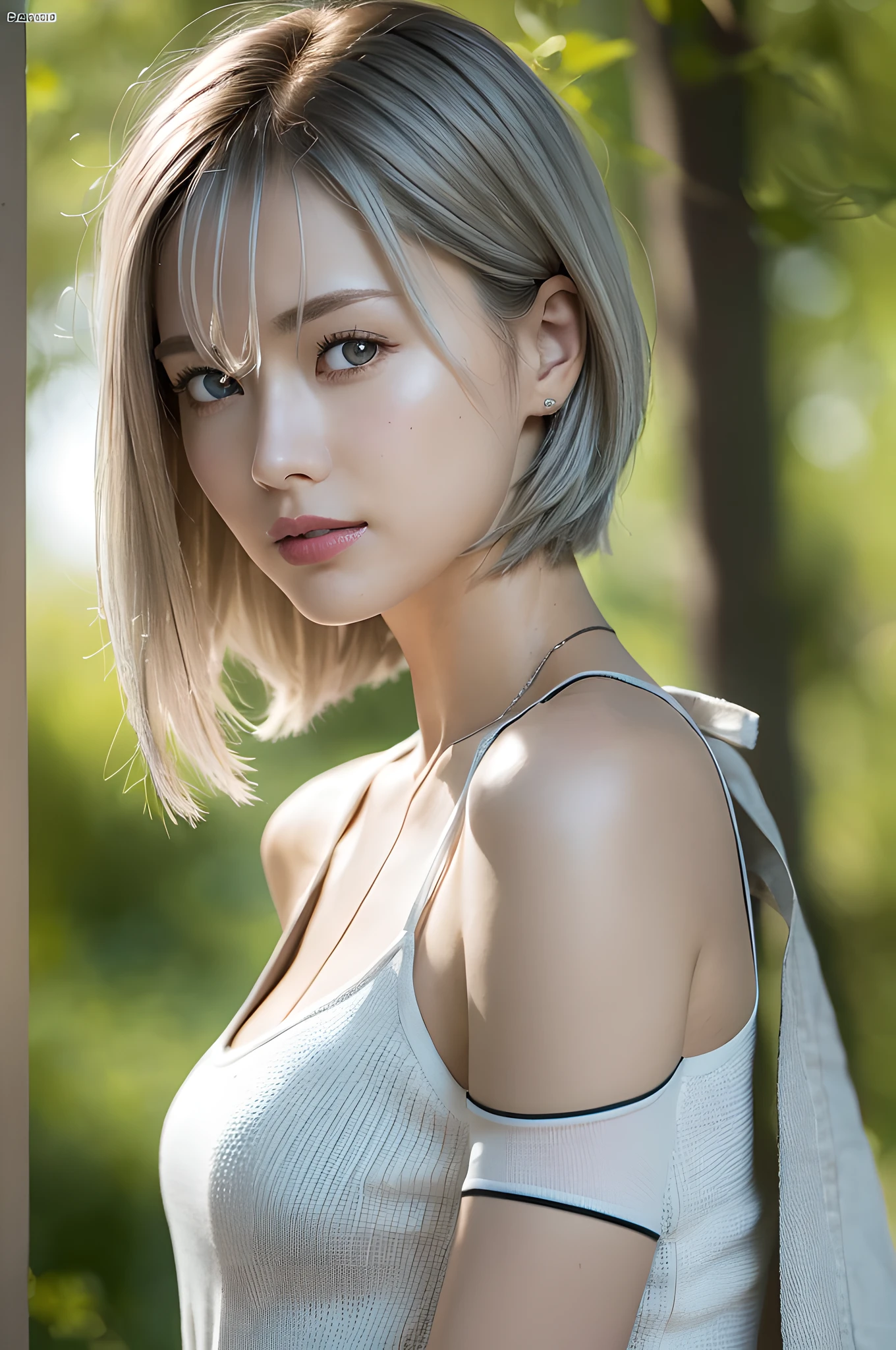 masterpiece, ultra high resolution, viewer viewing, physically based rendering, (morning glory: 1.5), (natural light: 2.0), depth of field, (photo portrait | Sony a7 | 135mm lens | f2:1.0), (lens flare | soft focus: 1.5), best image quality, ultra high resolution, (photoreal: 1.5), (full body: 1.5), (smile: 1.2), (impressionism, loose brushstrokes, Fleeting light, evocative mood: 1.5), (soft colors, atmospheric depth, hazy edges, visual poetry: 1.5), (calm and soft attitude person: 1.5), (beautiful woman in deep forest nature: 1.5), (1 girl: 1.5), (solo girl: 1.3), (solo woman: 1.3), (solo woman: 1.3), (tall person: 1.2), (detailed beautiful face :2.0), (Beautiful Face:1.7), (Detailed Beautiful Eyes:2.0), (drooping eyes:1.5),(Tender gaze:1.5), Break (Big blue eyes:1.1), Break (Pupil dilatation:1.3), [Focus Adjustment Eyes:1.5], (To have a clear nose:1.3), (Mouth closed:1.5), (Fine hair:1.5),Break (Silver hair:1.5) Break (Short hair:1.7), ( Slender Body: 1.1, (Slim Body: 1.7), (Slender Shoulders: 1.5), (Sloping Shoulders: 1.5), (Under Bust: 1.7), (Big: 1.8), (Firm: 1.8), (Thin Arms: 1.5), (Thin Legs: 1.5) Break (Only one person in the photo: 1.5), (White shirt: 1.5)