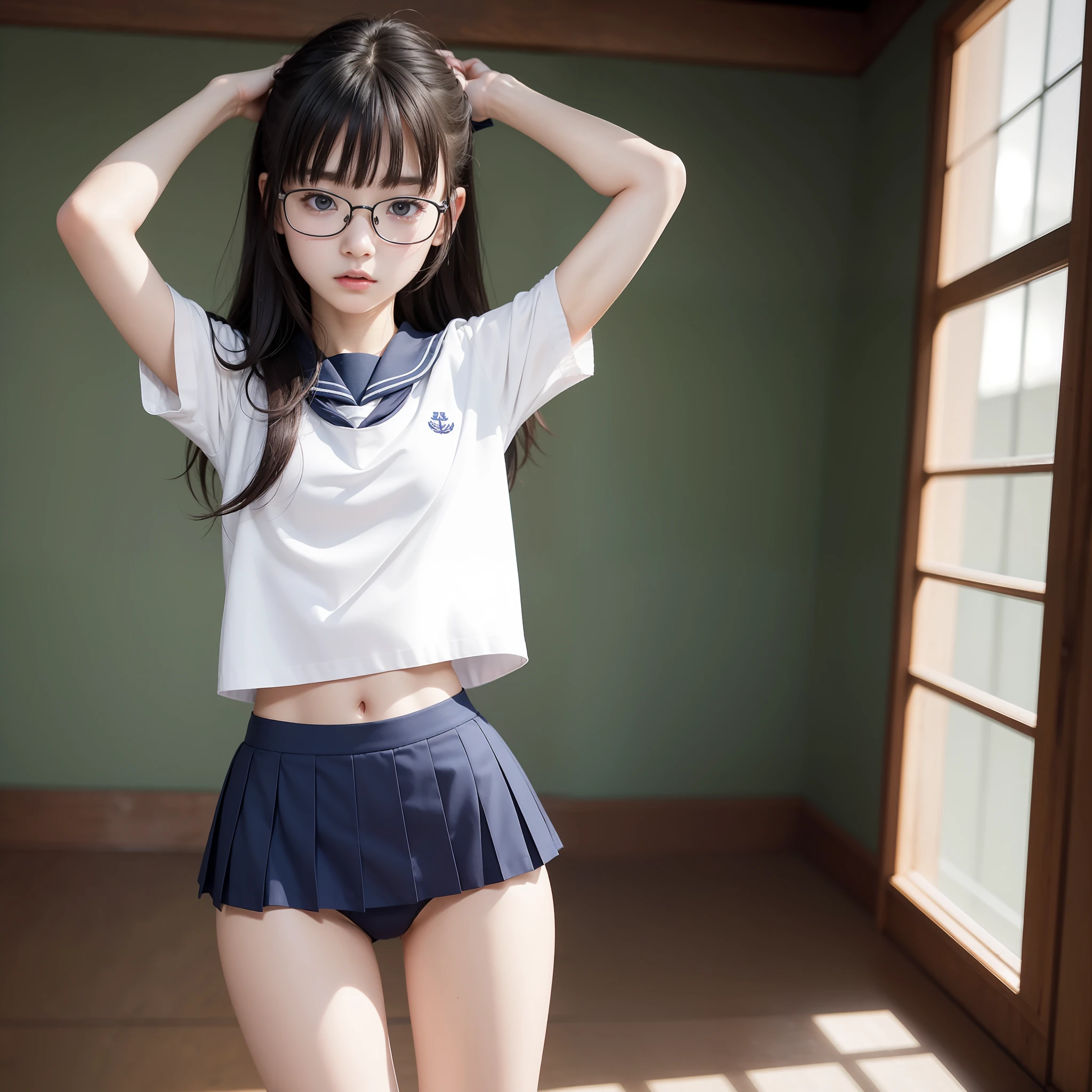 Raw photo, Frank, Textured skin, 1 girl,Full body,(Medium hair:1.2), pale skin, Japan person, glasses, small, young, tall, dark look, bright black eyes, one ear out, anger, blue panties, sailor uniform, school uniform, arms raised, open legs,M-legged slender body, medium build, small waist, wide thighs, photorealistic, best quality, 8k, masterpiece