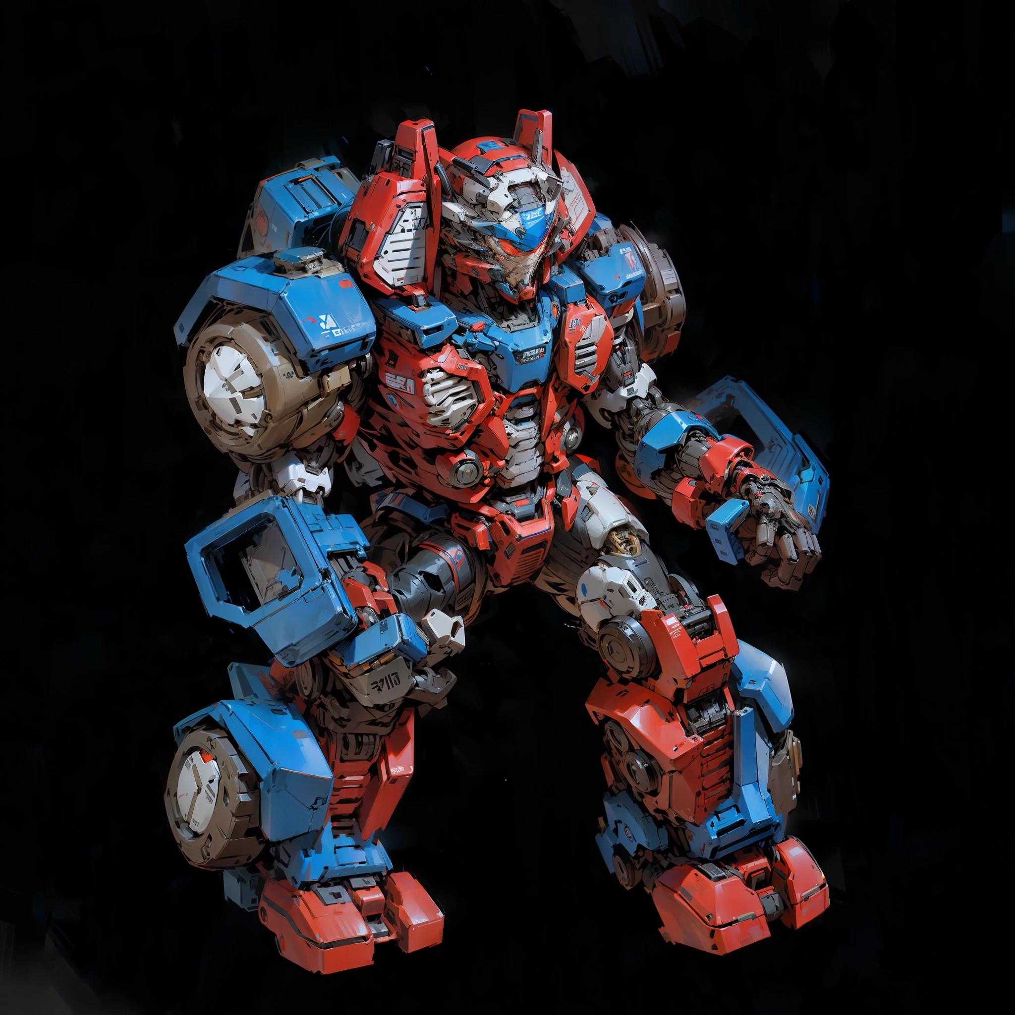 Robot, Epic Robot, Red and Blue Livery, Two-Hand Fist Machine Structure, Complex, Real, Humanoid Mecha, Roland Ziervinskis 3d Render Art, Polycount Contest Winner, Humanoid Mecha, 3 D Rendering Stylized, Black Background, Beautiful Robot Character Design, Mecha Portrait, Mecha, Tires, Transformers Style, Realism, Right Hands