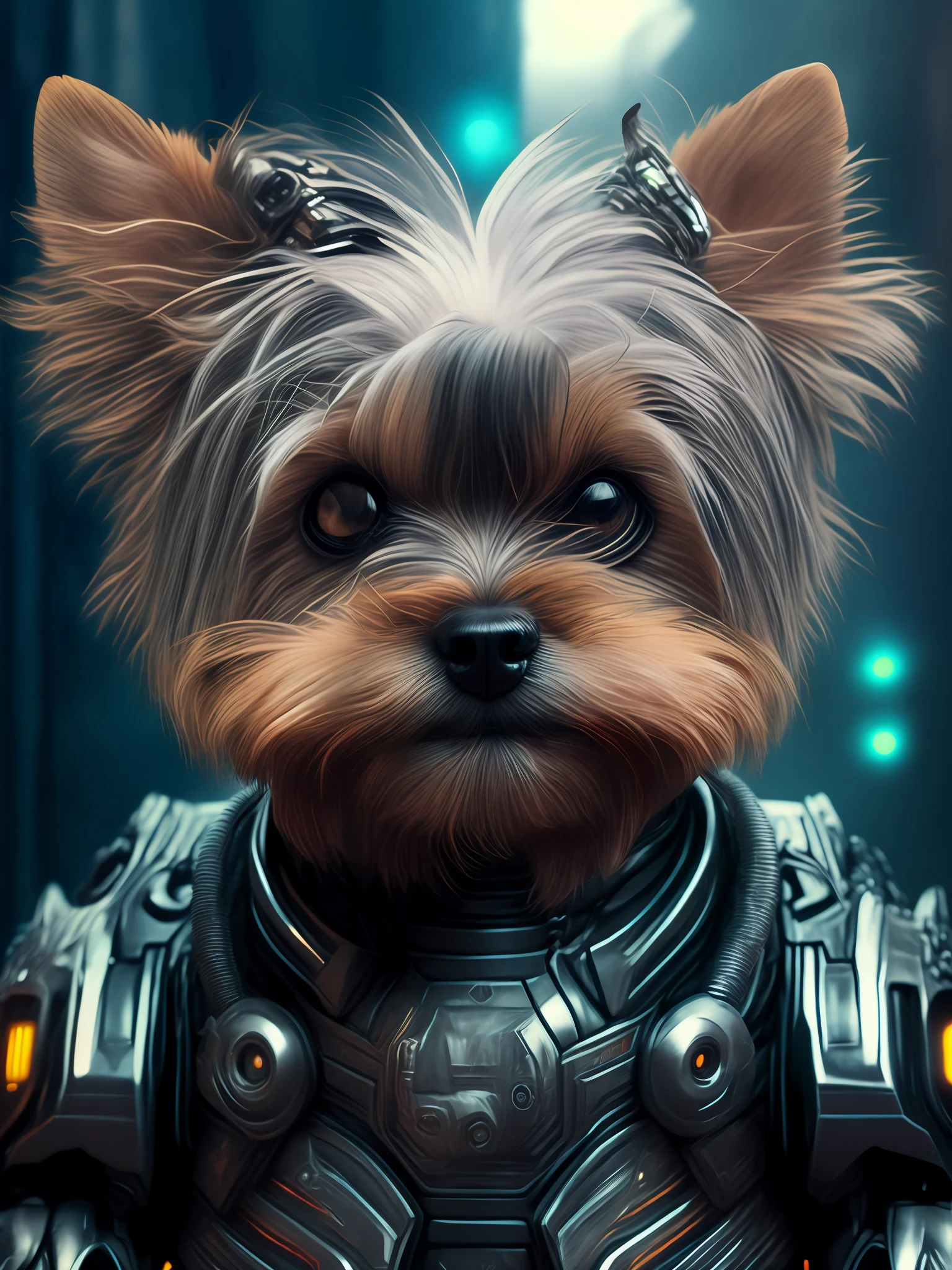 Yorkshire terrier (cyborg) dog as doomsday killer, realistic sci-fi cyberpunk power armor robot, closeup portrait