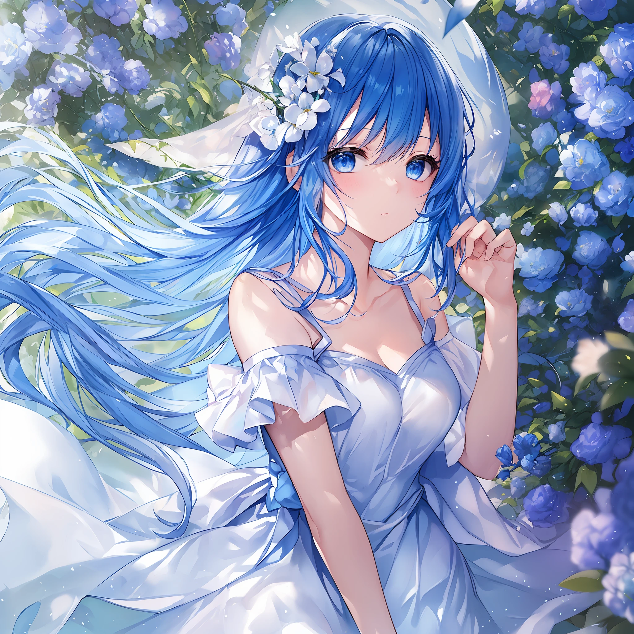 (best quality) A girl, (blue hair) + (blue eyes) when the wind rises, (white dress) + (sea of flowers) + (flowers) fluttering, (blushing) bowed head, perfect light, hand caresses like a spring blue flower. (Sunny, well-lit)