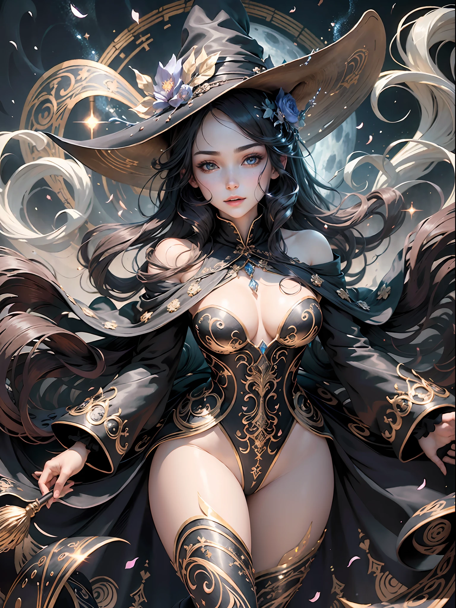 masterpiece, best quality, (extremely detailed CG unity 8k wallpaper), (best quality), (best illustration), (best shadow),full body,tall body, perfect female anatomy, seductive body, detailed face, detailed eyes, smiling, beautiful face, The image depicts a stunning witch riding on her broomstick through the night sky, a trail of sparkling stardust trailing in her wake. Her hair is long and flowing, a deep shade of black that seems to dance in the wind as she speeds through the air. Her skin is a pale, creamy white, illuminated by the light of the moon and the stars that twinkle above her.
As she rides her broomstick, a look of pure joy and exhilaration spreads across her face, and her eyes shine with a mischievous glint. Her clothing is a mix of dark, rich fabrics, with a long coat that flutters behind her in the wind, revealing glimpses of the intricate designs on her dress.
Behind her, the starry night sky stretches out in all directions, a tapestry of twinkling lights that seem to go on forever. The moon hangs low in the sky, casting a soft glow on the world below. Shimmering auras of magical energy swirl around the witch and her broomstick, casting a vibrant, pulsing light that illuminates the entire scene.
Despite her mystical powers and enchanting beauty, there is a sense of danger and unpredictability about the witch, a feeling that she is not to be trifled with. She is a force to be reckoned with, a master of the arcane arts who commands the very elements of the earth and sky.
As she races through the night, her broomstick cutting a path through the stars, she seems to embody all that is mysterious and alluring about the world of magic. Her image will forever remain etched in the minds of all who witness it, a symbol of the raw power and beauty of the unknown.