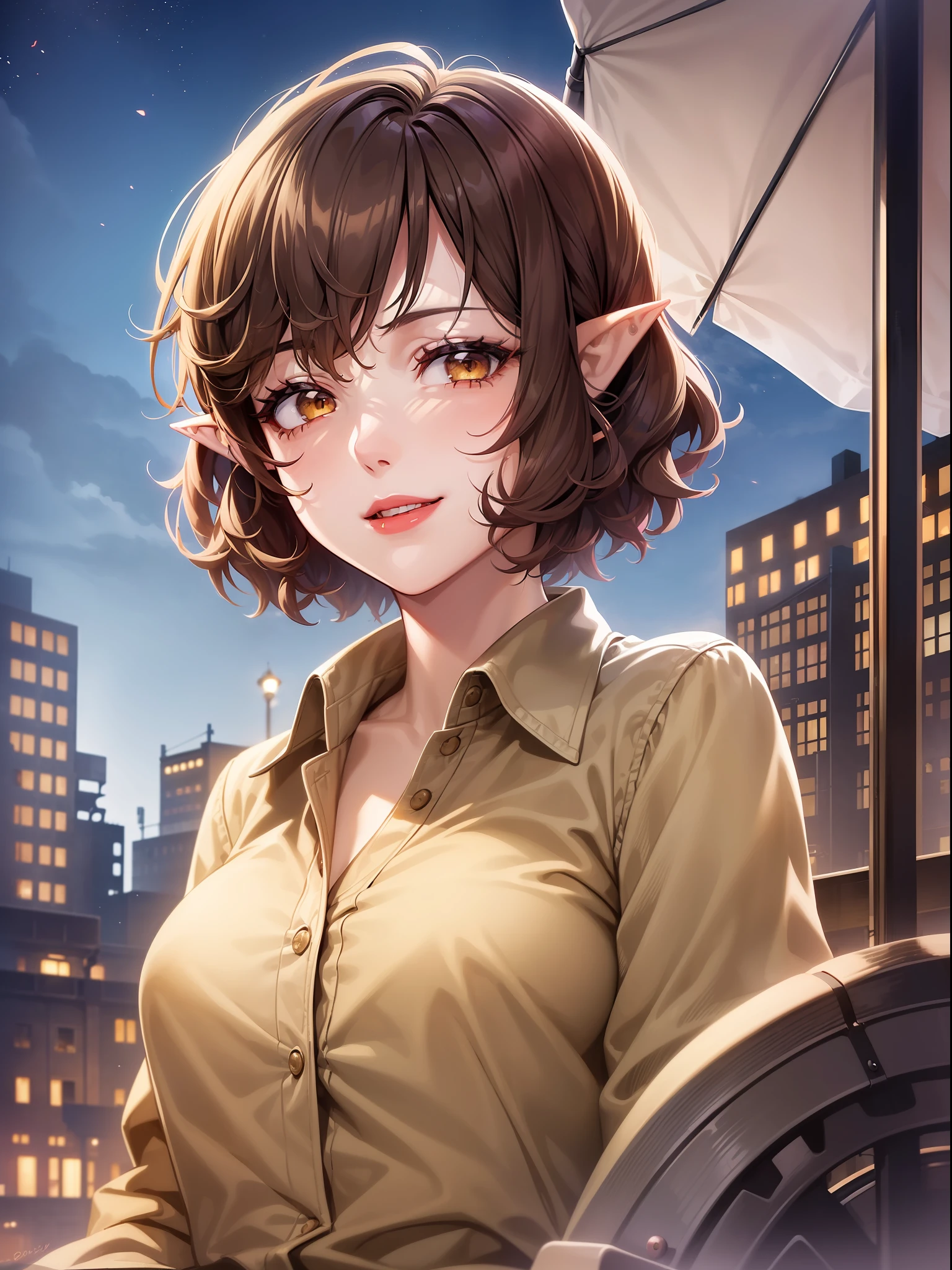1girl, woman, adult, smiling, sitting on a bench, makeup, red lips, short hair, curtained hair, curly hair, light brown hair, yellow eyes, (pointy ears:1.4), black button up shirt, outdoors, close up, ((industrial revolution)), masterpiece,