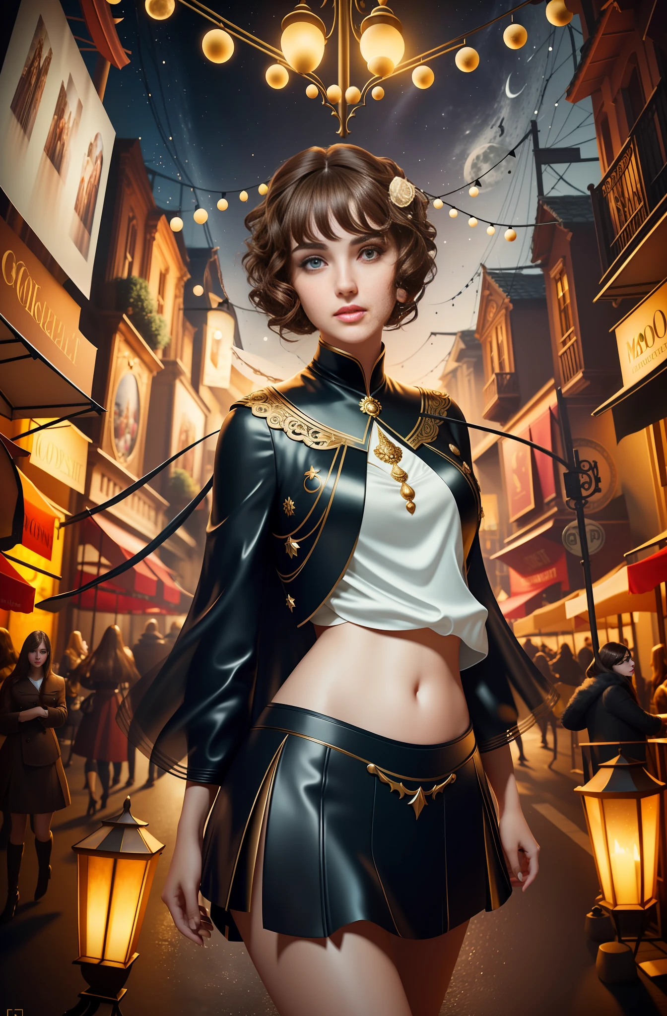 best quality, masterpiece, ultra resolution, (unreal engine: 1.4, realistic: 1.4), original photo, masterpiece, best quality, super detail, Illustrations, (bust shot, street, moon light), masterpiece, 1girl, solo exhibition, beautiful woman on bustling street, surrounded by vendors, beautiful goddess girl portrait, beautiful and detailed face, porcelain skin, ((bust lens, center, night, brunette hair, short hair)), super soft lighting, symmetry, complexity, elegance, high detail, realism , art, concept art, smile, fantasy costume, super fine costume,