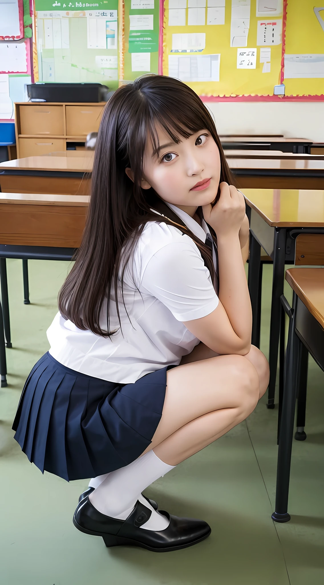 Move the center of gravity back, put your hands forward from both feet, put both feet in the circle of hands, pretty embarrassing, thin legs, tight skirt, 90 degree knees, heels on the ground, hands in front of feet, hug feet, kneeling, classroom, RAW photos, 8K, highest quality, super high resolution, beautiful face in every detail, realistic human skin, gentle expression, front view, angle from below, long hair, realistic, photorealistic, cute, short skirt, deep squatting, cute schoolgirl, Japan schoolgirl uniform, surreal schoolgirl, full body,