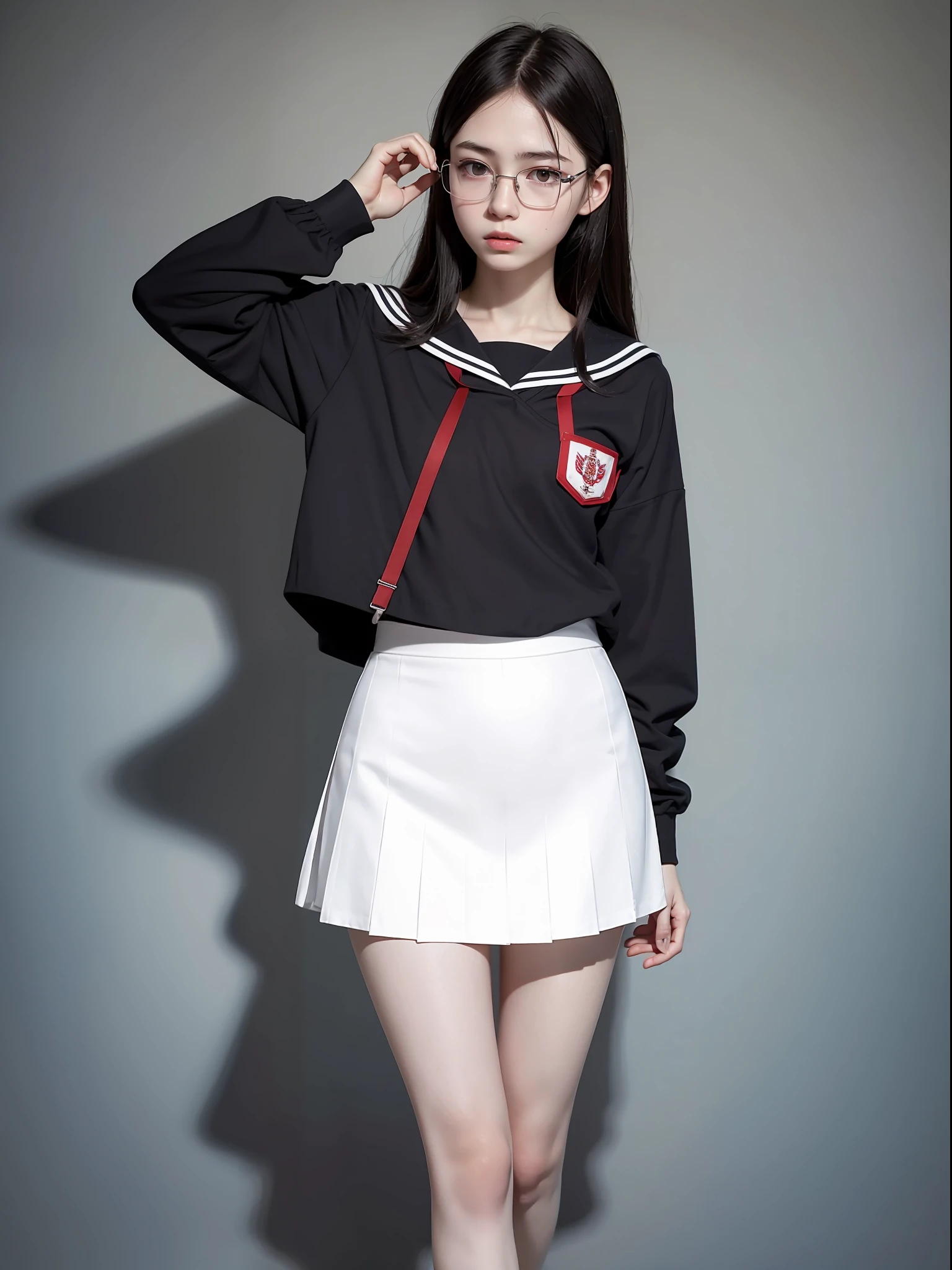 Raw photo, frank, textured skin, 1 girl,full body, (medium hair:1.2), pale skin, Japan person, glasses, small, young, tall, dark expression, bright black eyes, anger, sailor suit, school uniform, slender body, medium build, small waist, wide thighs, photorealistic, best quality, 8k, masterpiece