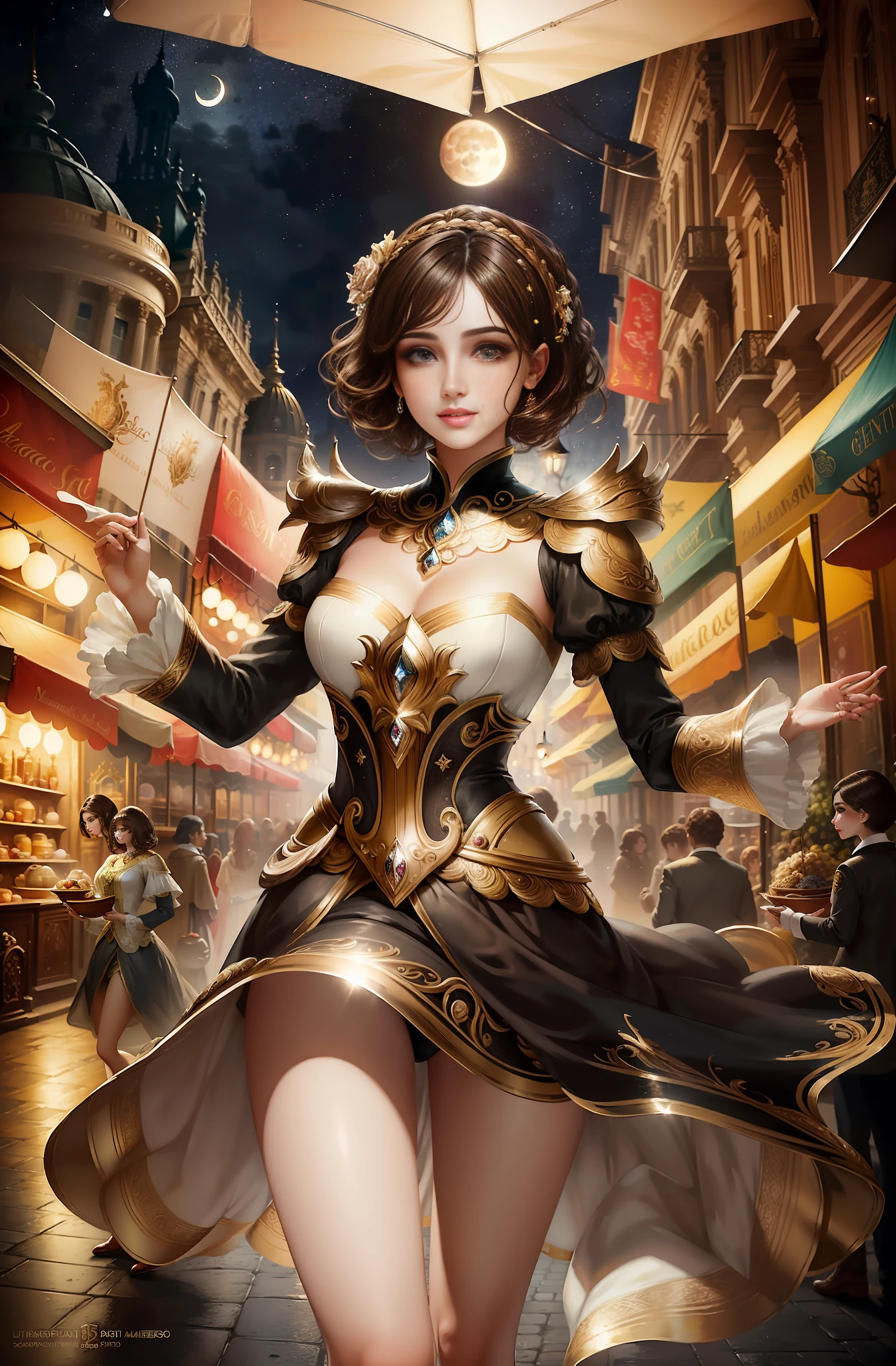 best quality, masterpiece, ultra resolution, (unreal engine: 1.4, realistic: 1.4), original photo, masterpiece, best quality, super detail, Illustrations, (bust shot, street, moon light), masterpiece, 1girl, solo exhibition, beautiful woman on bustling street, surrounded by vendors, beautiful goddess girl portrait, beautiful and detailed face, porcelain skin, ((bust lens, center, night, brunette hair, short hair)), super soft lighting, symmetry, complexity, elegance, high detail, realism , art, concept art, smile, fantasy costume, super fine costume,