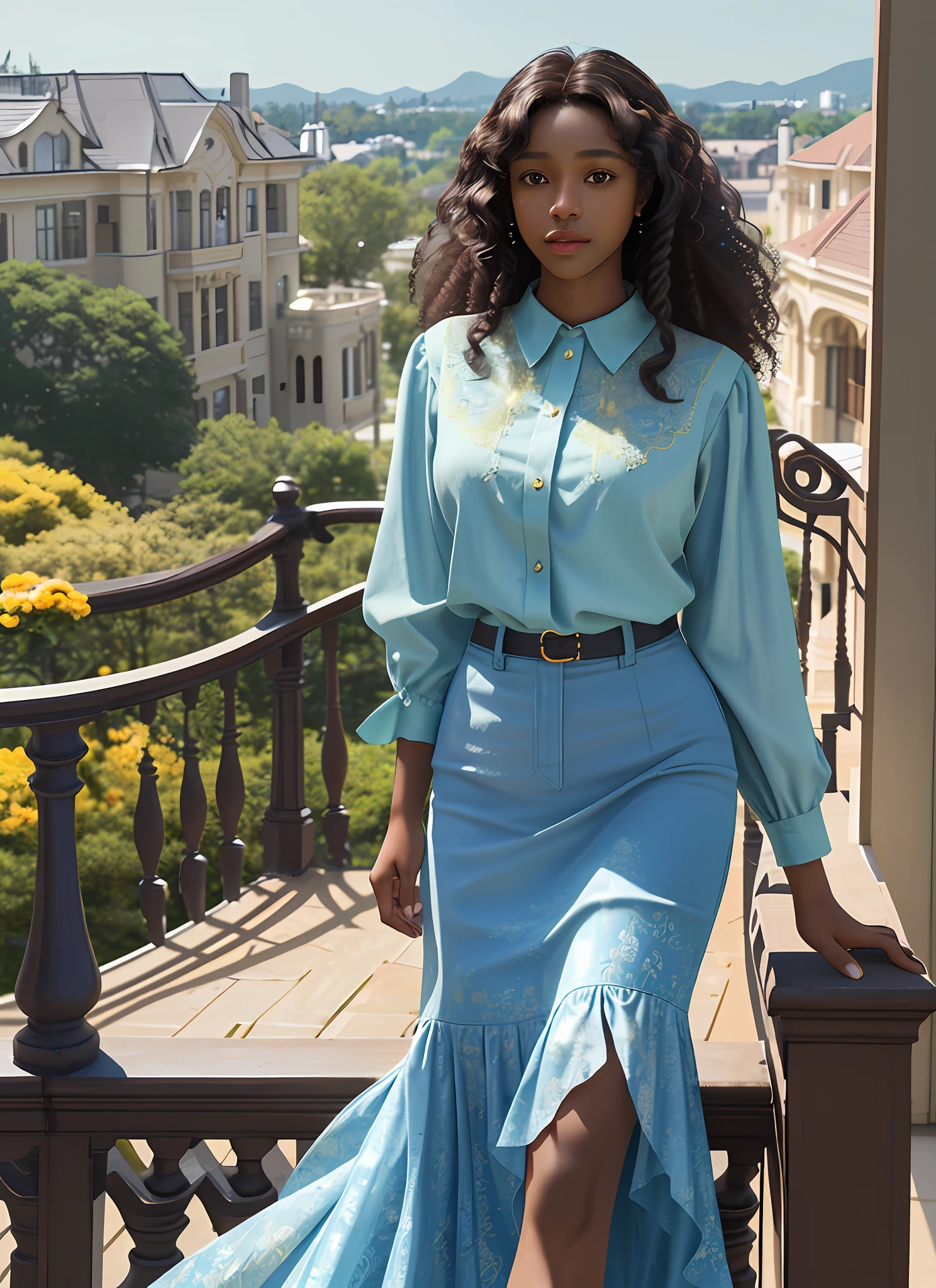 Ultra-realistic, girl alone, 4k, professional photo, 25 year old girl, black girl, girl is on the balcony of a brown mansion, big curly hair, HDR, detailed face, medium body, yellow skirt with flower, (open blue shirt), Masterpiece, (lighting), (1solo), (1girl), detailed background, realistic background, realistic fabric