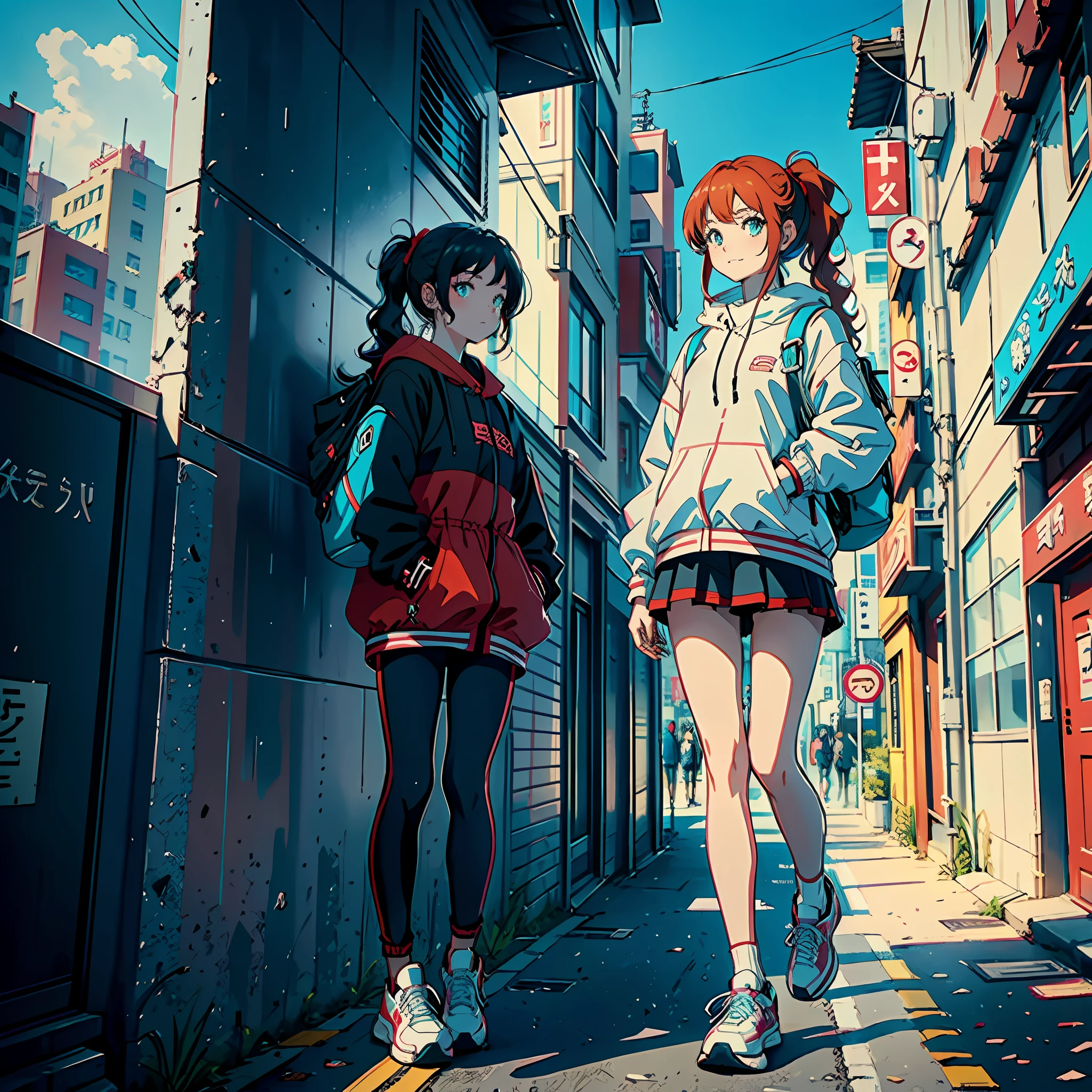 (Top Quality, 8k, 32k, Masterpiece, UHD: 1.2), 1 pretty girl, illustration, anime, red and black clothes, ponytail, turquoise eyes, smile, 8 heads, loosely wavy orange hair、!! Full body portrait!!、 late s, raincoat, luxury sneakers, fashion model, rucksack, near future, turquoise ribbon, pale color, building in Shibuya, blue sky