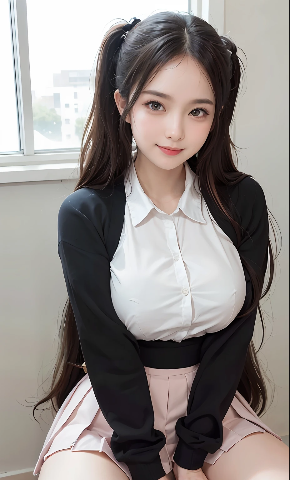 majicMIX Real, (Raw photo: 1.2), (Photorealistic: 1.4), smile, beautiful detailed eyes, huge file size, super detail, high resolution, very detailed, highest quality, masterpiece, illustration, highly detailed, CG, unification, 8k wallpaper, detail, masterpiece, top quality, light pink and black school uniform (pleated skirt: 1.3), 8k wallpaper, light on face, movie lighting, 1 girl, (((Dynamic pose))), showing off panties, big, twin tails, classroom, sexy girl, sitting, M. legs spread