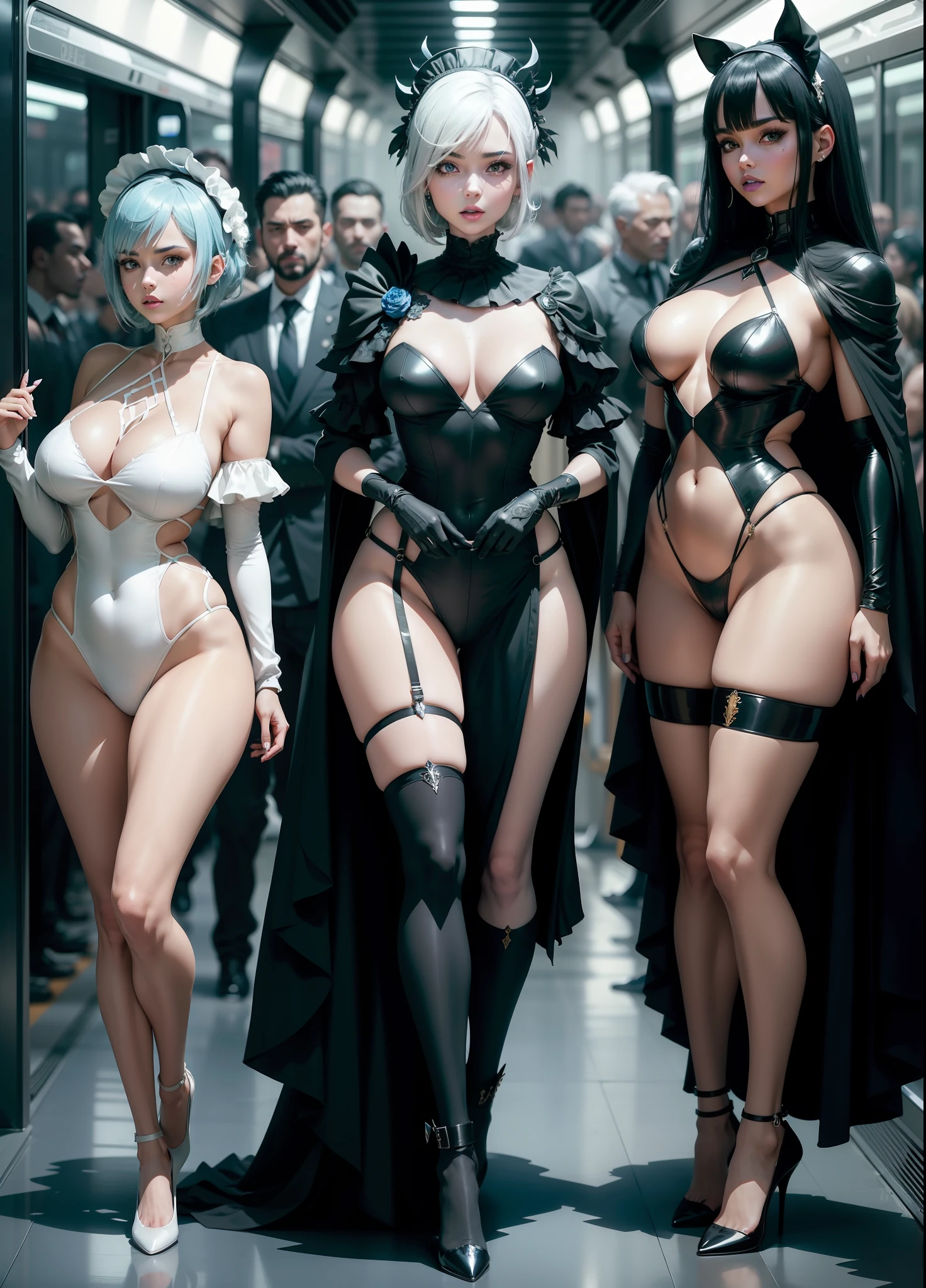 full body image of a woman and several men, "she is wearing a black costume with white parts of a maid mixed with Spider Woman, extremely tight in the body, maid headdress on her head, standing posture, she has "short straight blue hair , green eyes and big breasts", "they are wearing a suit and tie and are holding her", "she is looking at the viewer, her face is flushed, light makeup, she is wearing blue lipstick on her mouth, she has hair with a white streak, landing, hands clenched", are on a crowded bus at night, anime, anime style, anime, anime style, NVIDIA RTX, anatomically correct, 16k, best quality, award winning, high quality, UHD, masterpiece, anatomically correct, 16k, best quality, award winning, high quality, UHD, masterpiece, high details