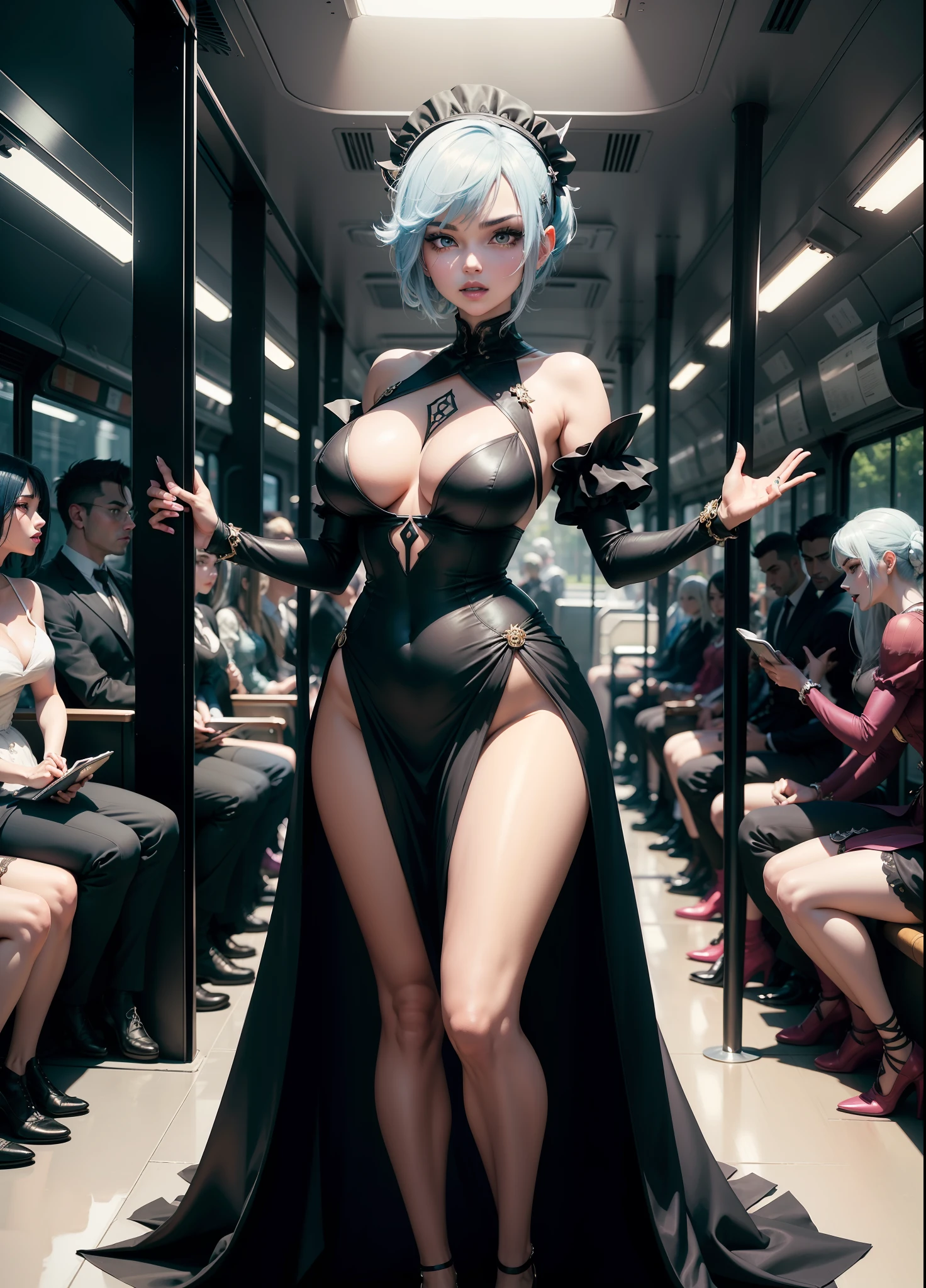 full body image of a woman and several men, "she is wearing a black costume with white parts of a maid mixed with Spider Woman, extremely tight in the body, maid headdress on her head, standing posture, she has "short straight blue hair , green eyes and big breasts", "they are wearing a suit and tie and are holding her", "she is looking at the viewer, her face is flushed, light makeup, she is wearing blue lipstick on her mouth, she has hair with a white streak, landing, hands clenched", are on a crowded bus at night, anime, anime style, anime, anime style, NVIDIA RTX, anatomically correct, 16k, best quality, award winning, high quality, UHD, masterpiece, anatomically correct, 16k, best quality, award winning, high quality, UHD, masterpiece, high details