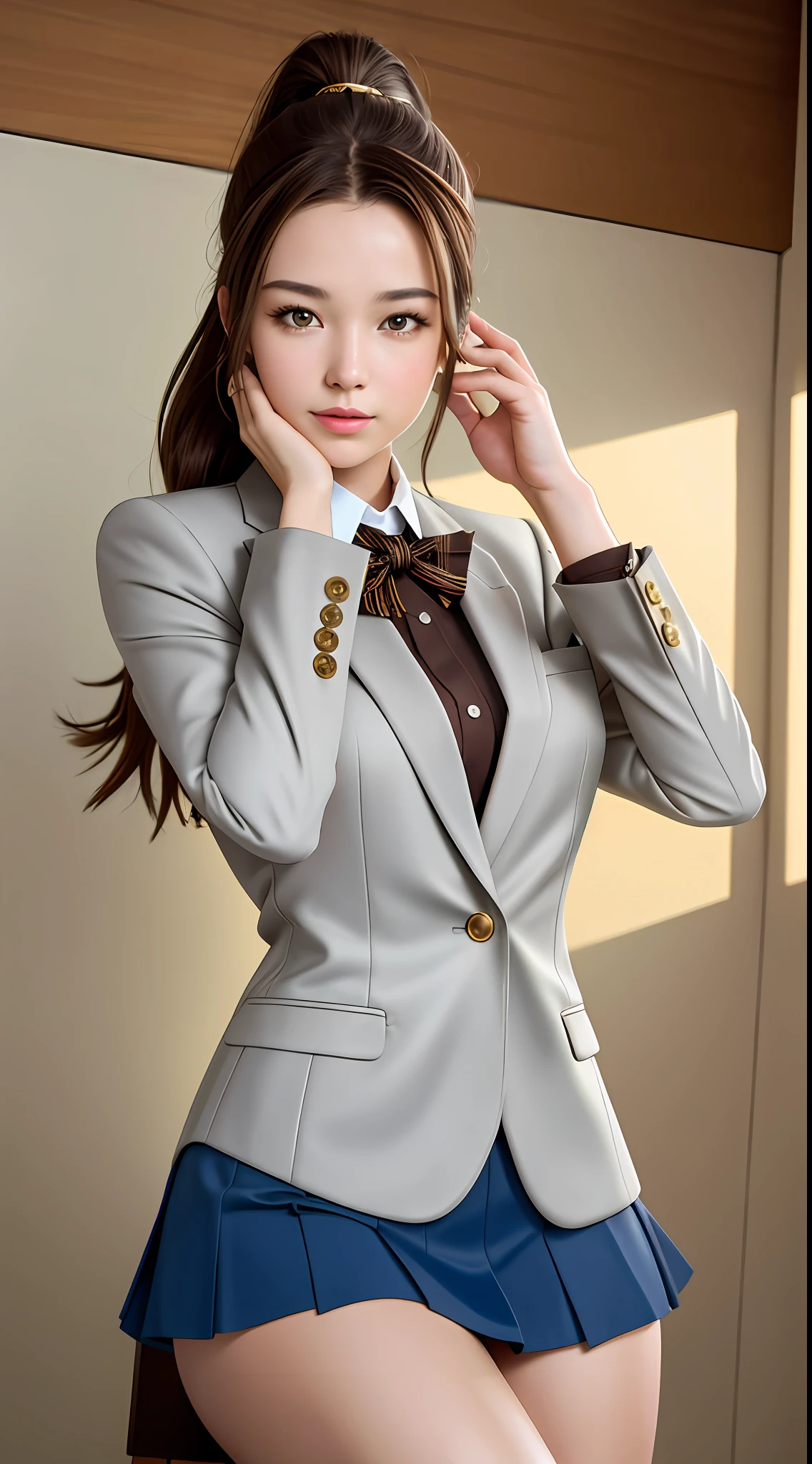 best quality, masterpiece, 1girl, Beautiful face, (gold-brown hair), (photo realistic:1.3), rim lighting, (high detailed skin:1.2), 8k uhd, dslr, high quality, high resolution, 4k, 8k, Bokeh, absurdres, best ratio four finger and one thumb, (realistic:1.3), cute 1girl, wearing blue blazer school uniform, medium breasts, grey plisket short skirt, ponytail contorted,