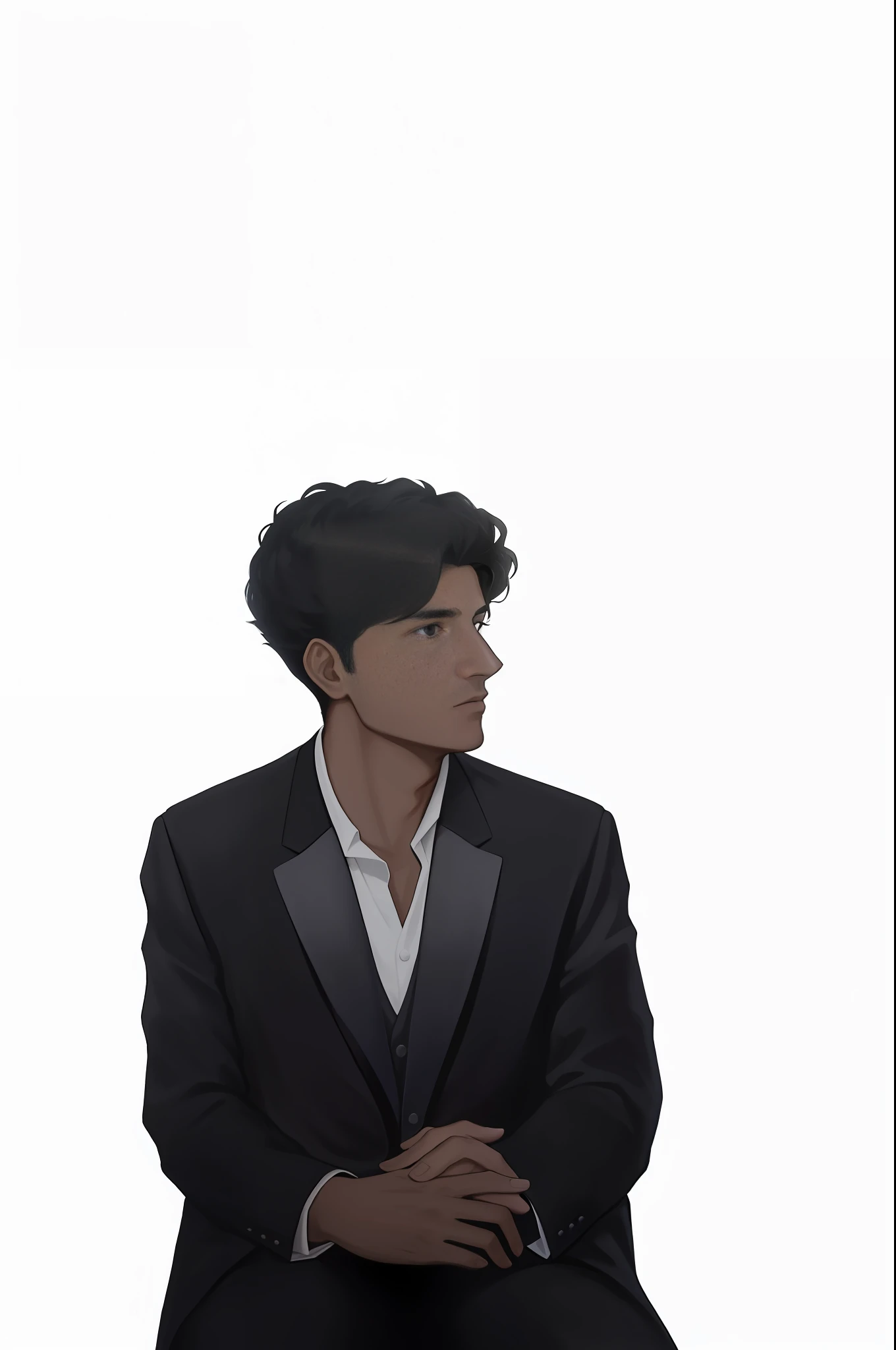 arafed man in a tuxedo sitting down and looking away, smooth in _ the background, mohamed chahin, mohamed chahin style, with a black background, clear background, taken in the early 2020s, background removed, riyahd cassiem, very dark background, headshot profile picture, realism artstyle, khyzyl saleem