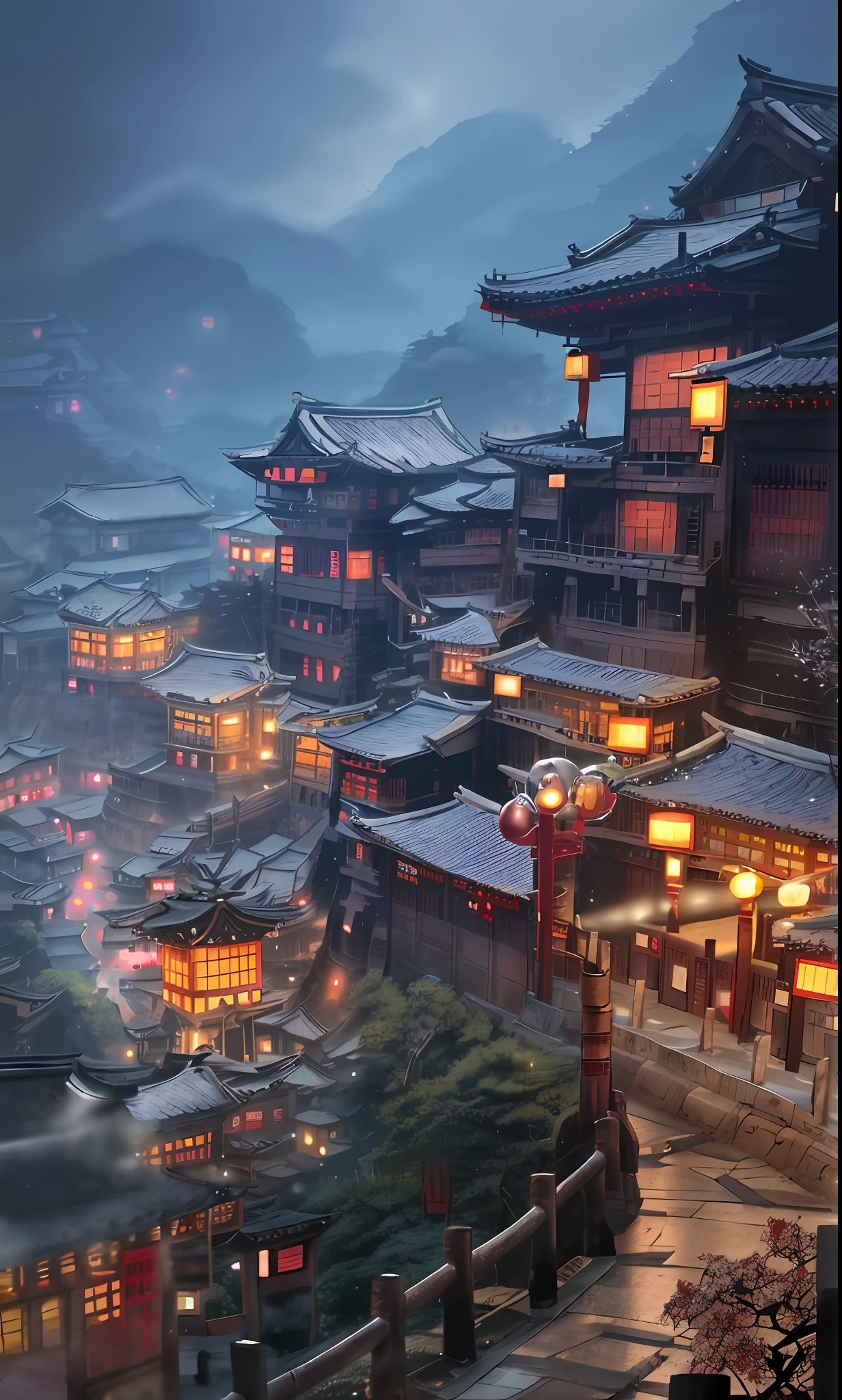 arafed view of a chinese village at night with a lot of lights, dreamy chinese town, ancient chinese architecture, cyberpunk chinese ancient castle, chinese architecture, japanese town, japanese city, chinese village, beautiful render of tang dynasty, japanese city at night, ancient japanese architecture, like jiufen, andreas rocha style, chinese style, japanese village