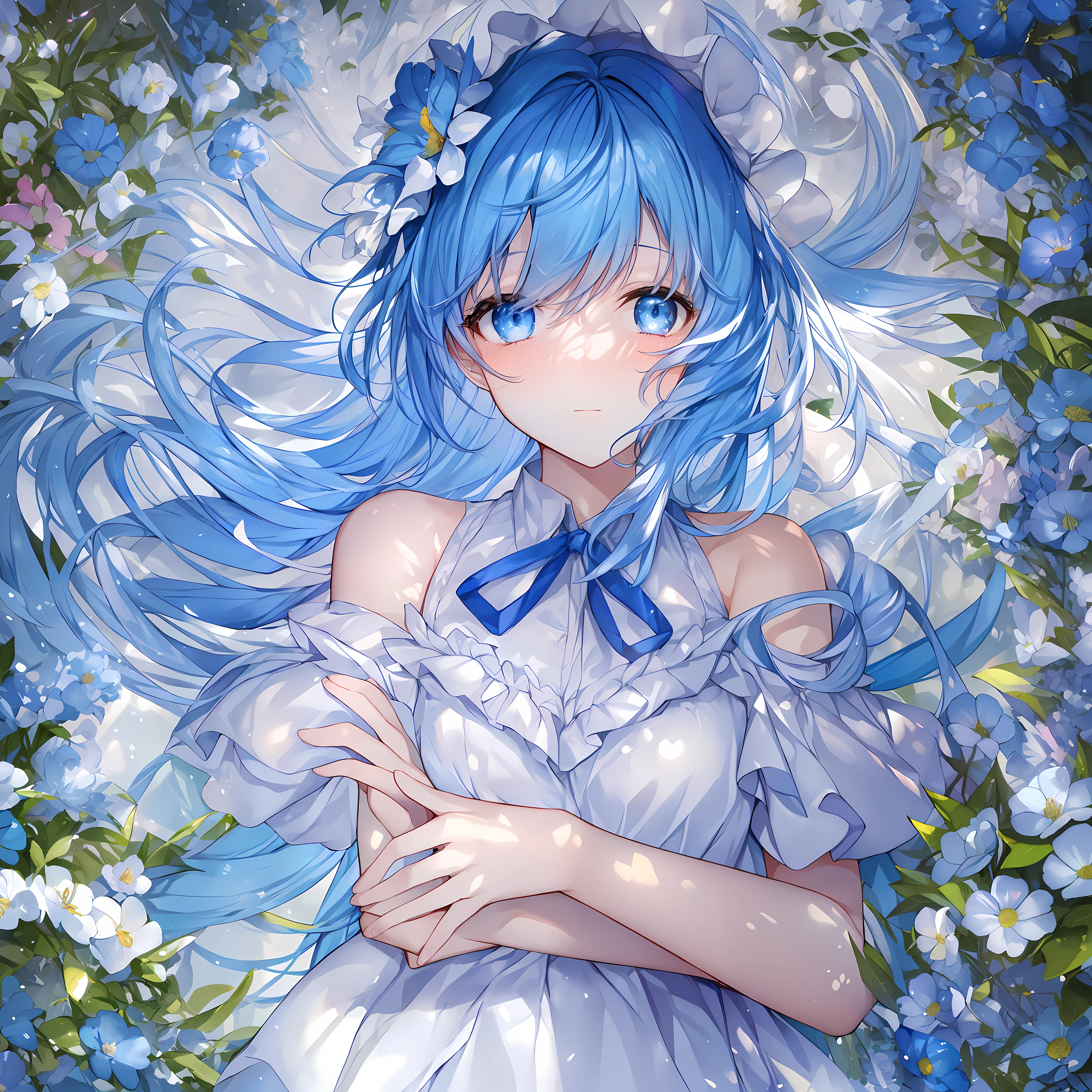 (best quality) A girl, (blue hair) + (blue eyes) when the wind rises, (white dress) + (sea of flowers) + (flowers) fluttering, (blushing) bowed head, perfect light, hand caresses like a spring blue flower. (Sunny, well-lit)