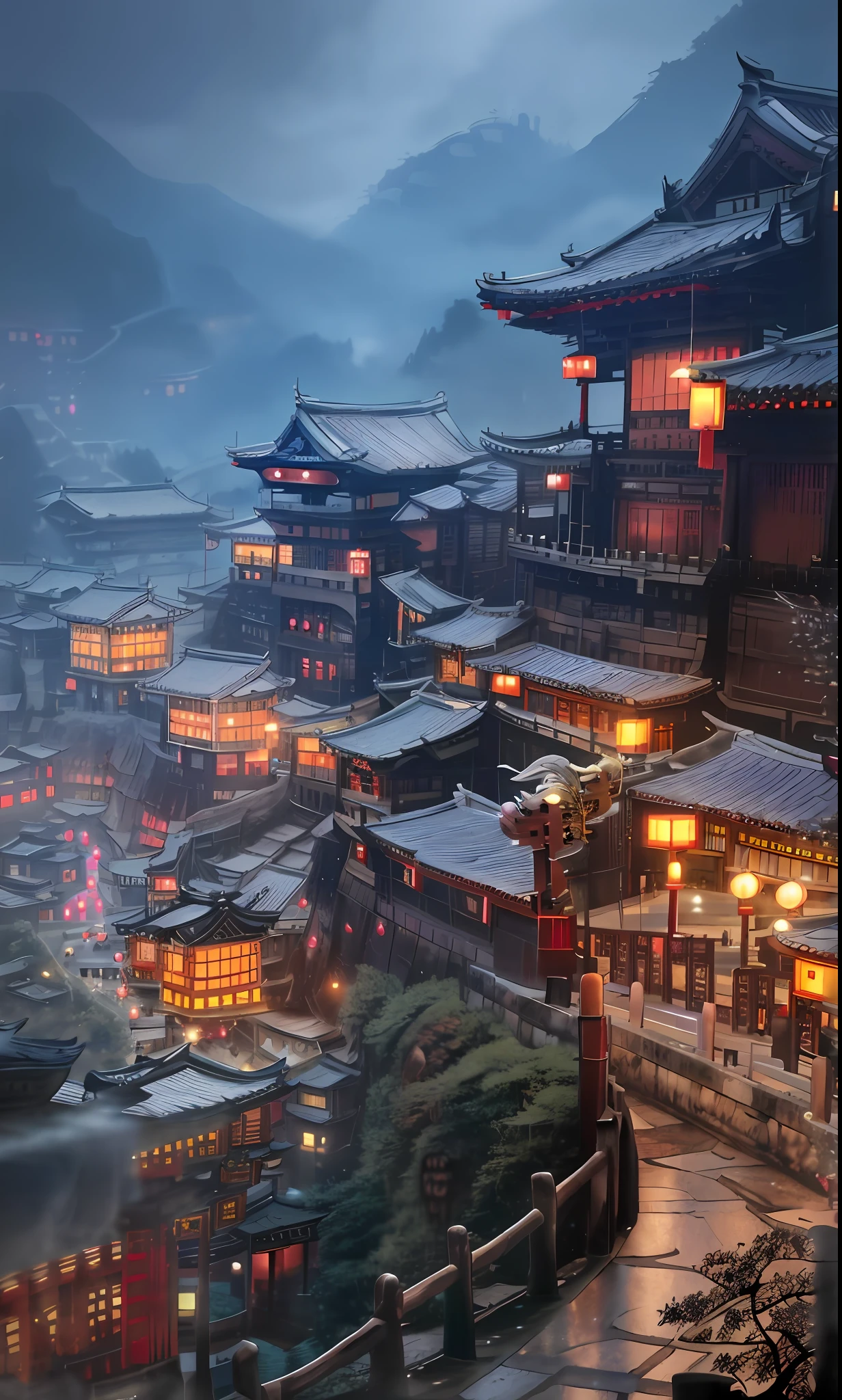arafed view of a chinese village at night with a lot of lights, dreamy chinese town, ancient chinese architecture, cyberpunk chinese ancient castle, chinese architecture, japanese town, japanese city, chinese village, beautiful render of tang dynasty, japanese city at night, ancient japanese architecture, like jiufen, andreas rocha style, chinese style, japanese village