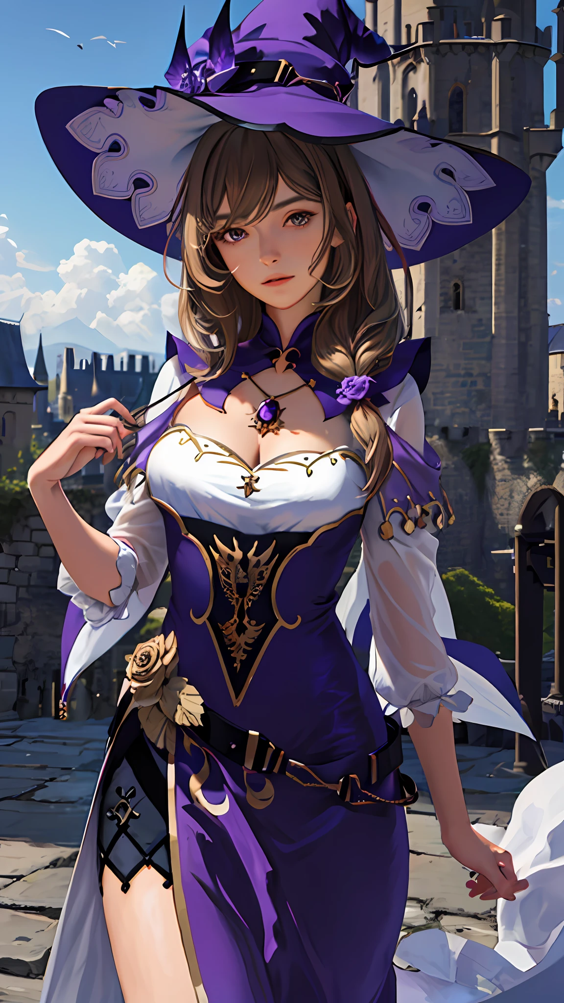 (masterpiece), (best quality), (ultra detailed),(disheveled hair),(illustration), (1girl), long brown hair, purple dress, purple witch hat, outside in front of the castle