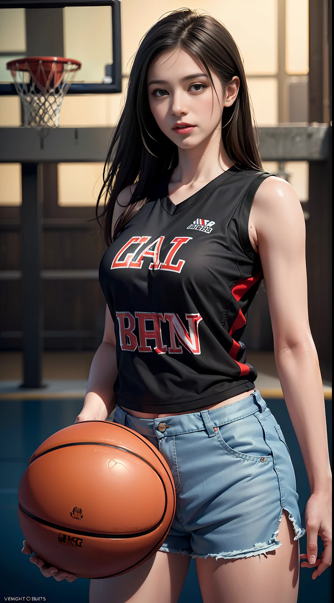 Best quality, (RAW photo: 1.2), (Masterpiece: 1.4), (Realistic: 1.4), (High resolution: 1.4), 1 girl, depth of field, basketball vest, basketball shorts, basketball court, sexy, intricate details, 8k, very detailed, perfect lighting, epic background, hand details