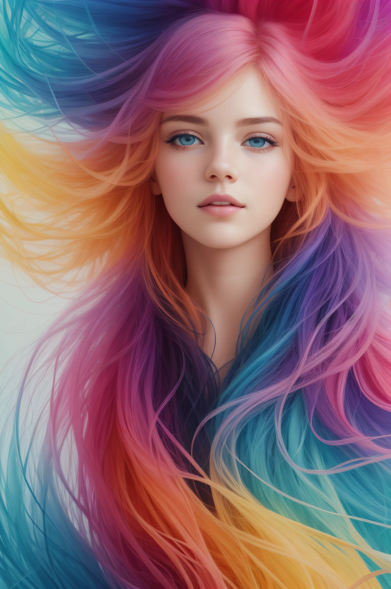 Colorful beautiful girl: Gil , messy hair, soft skin perfect face, blue-yellow color, light purple and purple addition, bright red addition, intricate details, splash screen, 8k resolution, masterpiece, cute face, artstation digital painting smooth very black ink flow: 8k resolution photorealistic masterpiece: intricately detailed fluid gouache painting: By Jean-Baptiste Mongue: Calligraphy: Acrylic: Watercolor, professional photography, natural light, volumetric lighting Maximalist Photo Illustration: by Marton Bobuzart:, complex, elegant, vast, fantastic, wavy hair, vibrant
