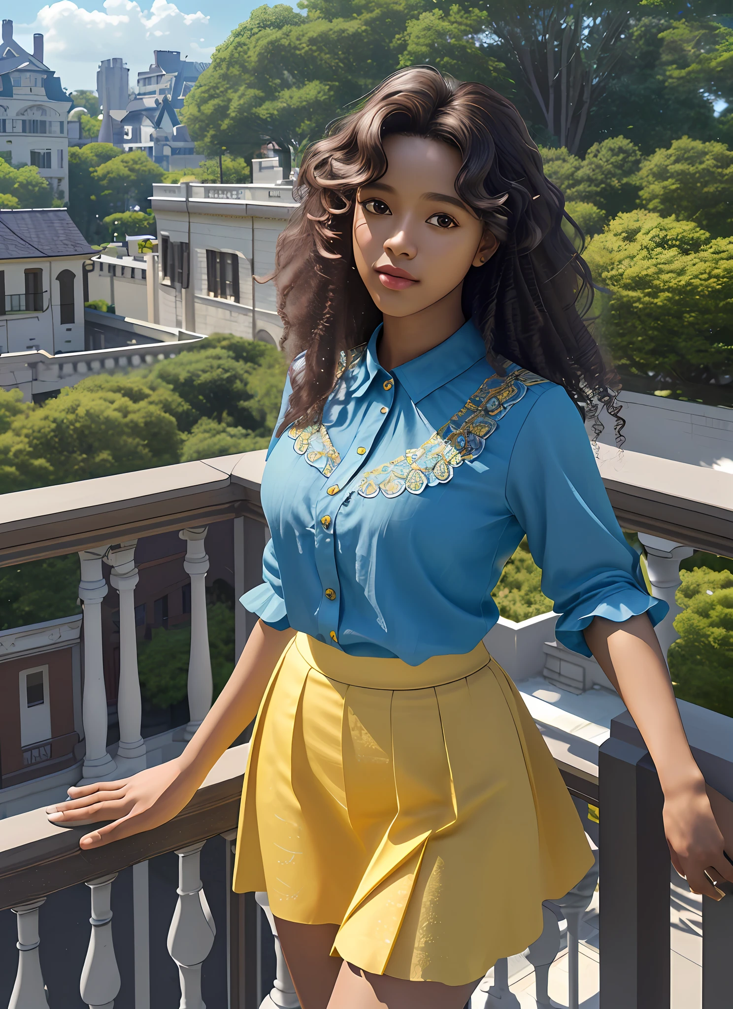 Ultra-realistic, girl alone, 4k, professional photo, 25 year old girl, black girl, girl is on the balcony of a brown mansion, big curly hair, HDR, detailed face, medium body, yellow skirt with flower, (open blue shirt), Masterpiece, (lighting), (1solo), (1girl), detailed background, realistic background, realistic fabric, purple flower tree
