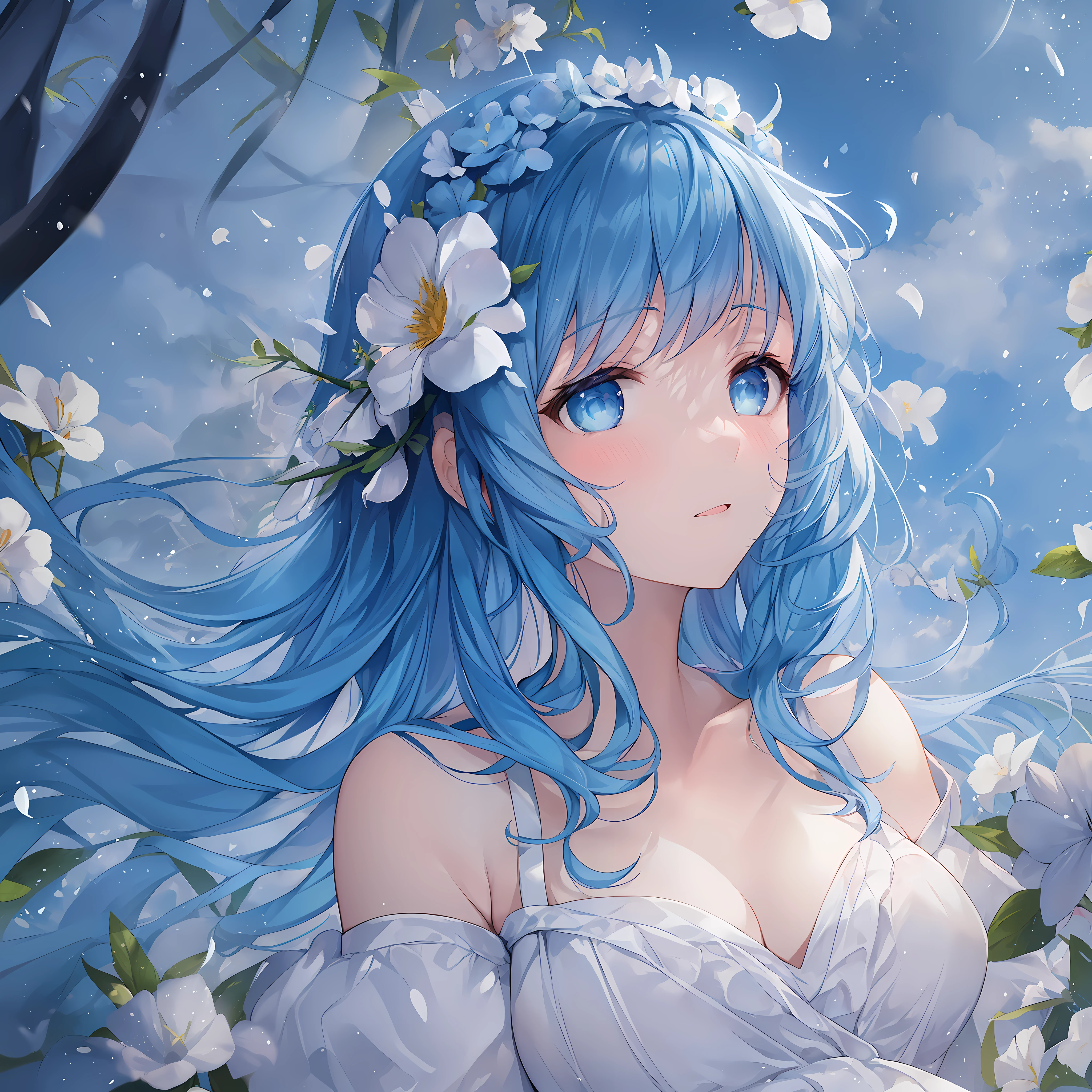 (best quality) A girl, (blue hair) + (blue eyes) when the wind rises, (white dress) + (sea of flowers) + (flowers) fluttering, (blushing) bowed head, perfect light, hand caresses like a spring blue flower. (Sunny, well-lit)