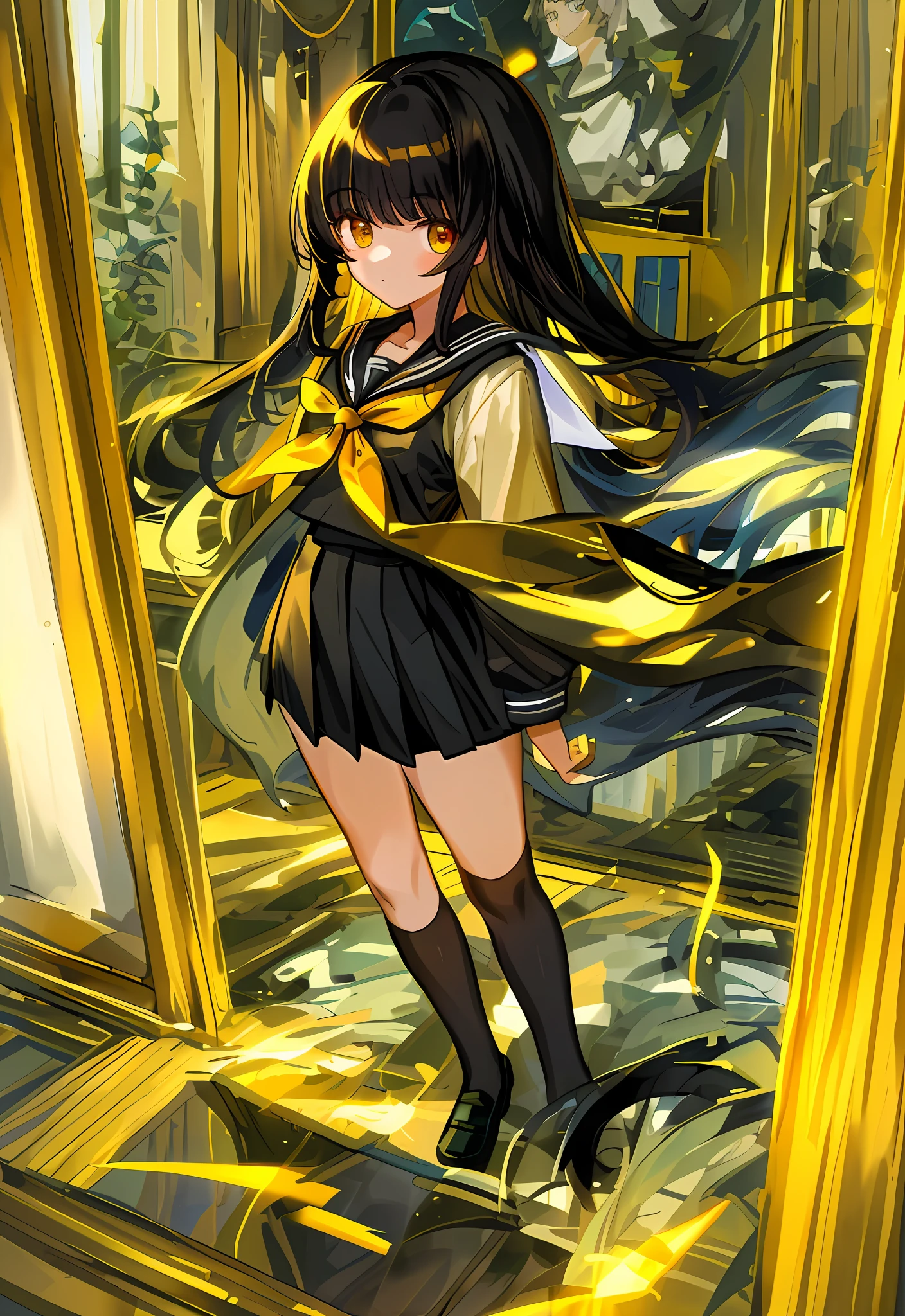 (masterpiece, best quality)1girl, long hair, black hair, full body, looking at viewer, indoors, bangs, solo focus, black sailor suit school uniform, golden eyes, small breast