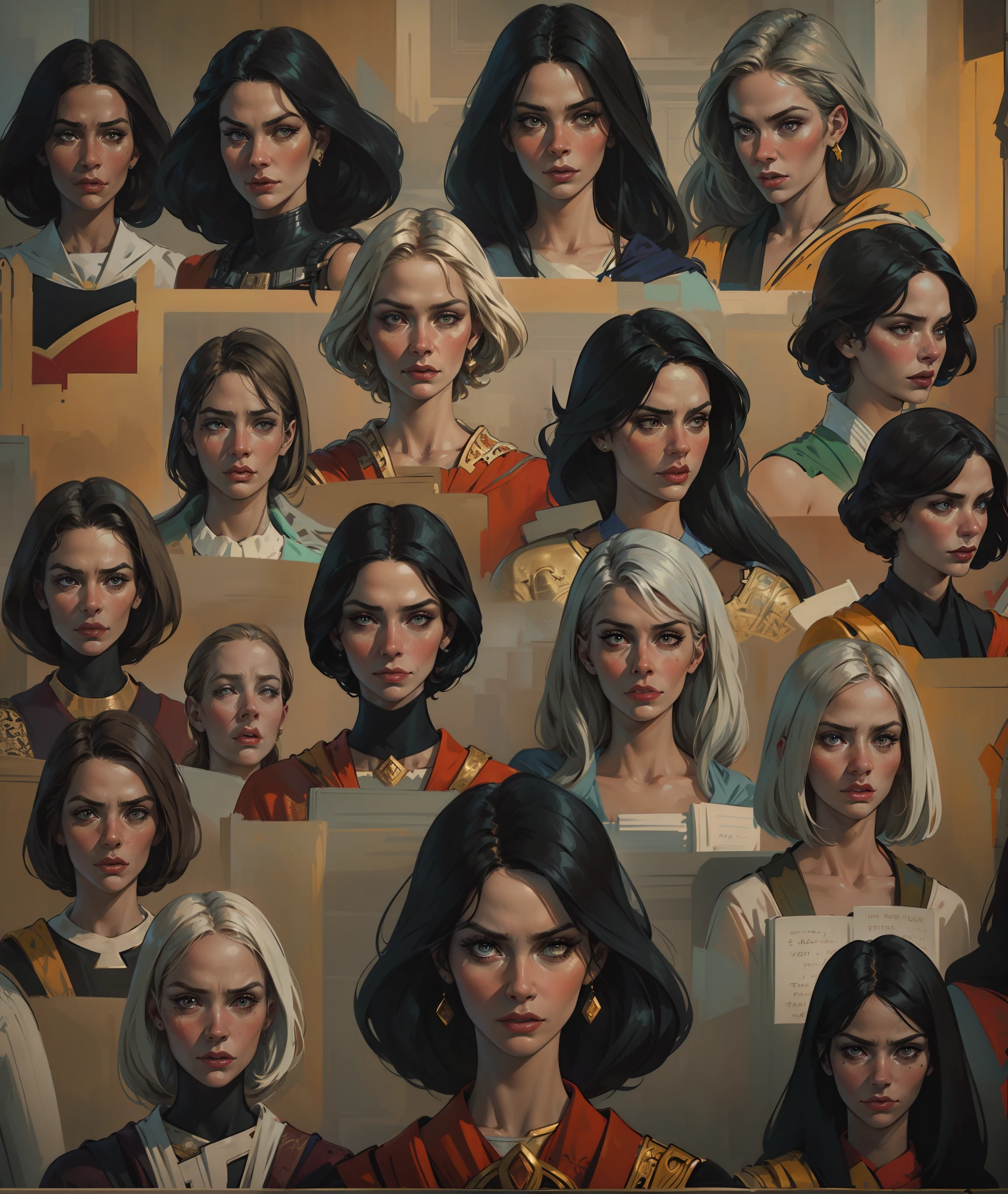 masterpiece, best quality, hyper detailed gouache portrait of a group of gorgeous women speaking with each other, group scene, hyper detailed faces, intense facial expressions, character art portrait, detailed character portrait, epic scene illustration, graphic novel scene, dramatic, tense scene, volumetrics, cinematic ambience