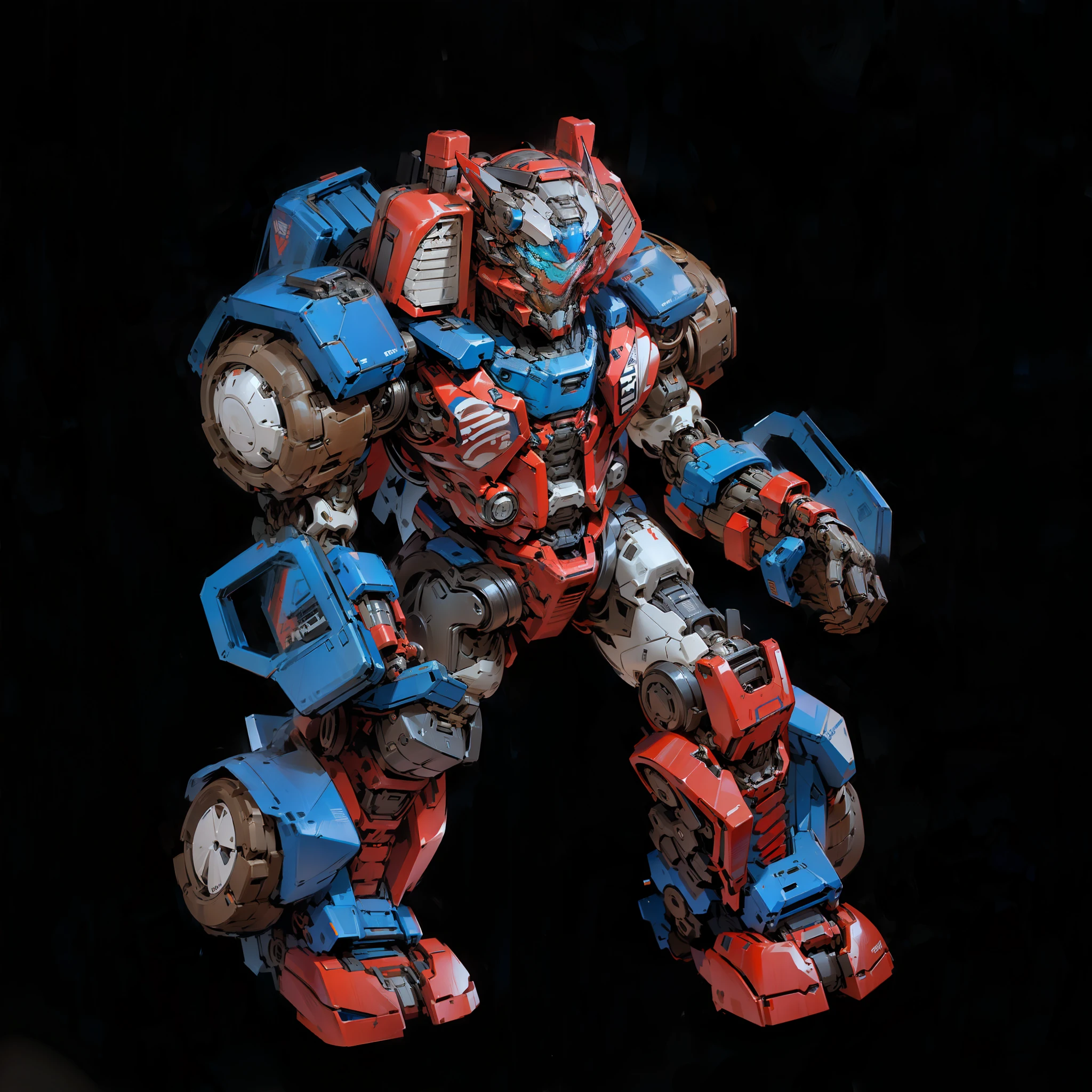 Robot, Epic Robot, Red and Blue Livery, Two-Hand Fist Machine Structure, Complex, Real, Humanoid Mecha, Roland Ziervinskis 3d Render Art, Polycount Contest Winner, Humanoid Mecha, 3 D Rendering Stylized, Black Background, Beautiful Robot Character Design, Mecha Portrait, Mecha, Tires, Transformers Style, Realism, Right Hands