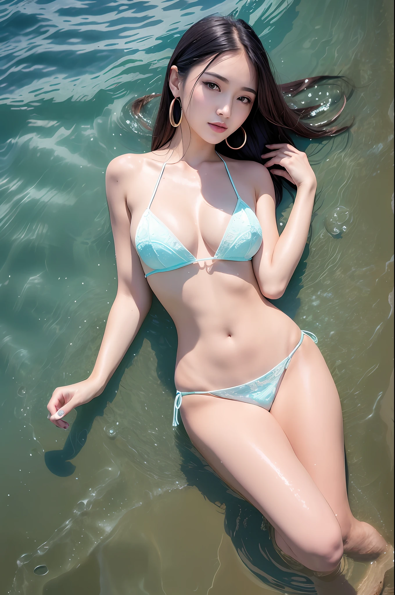 Full, (Goddess-like Happiness: 1.2), Kpop Idol, (RAW Photo: 1.2), (Realism: 1.4), (Masterpiece: 1.3), (Exquisite Details: 1.2), Delicate, Beautiful Detailed, (Eye Detail), (Facial Detail), (20-year-old Female), Petite, Big Breasts, Thin Waist, Skin Firming, (looking_at_viewer), (Floating: 1.2), Dynamic Pose, Large Circle Earrings, slim_legs, (Best Quality: 1.4), (Ultra Resolution: 1.2), Cinema Light, (Extremely Detailed Illustration), (Lip Gloss, Eyelashes, Best Quality, Ultra High Resolution, Depth of Field, Caustics, Wide Light, Natural Shadows, 85mm, f/1.4, ISO 200, 1/160s: 0.75), (ocean, water, water_drop, wet, splasing, foam, underwater: 1.5), crawling in the water