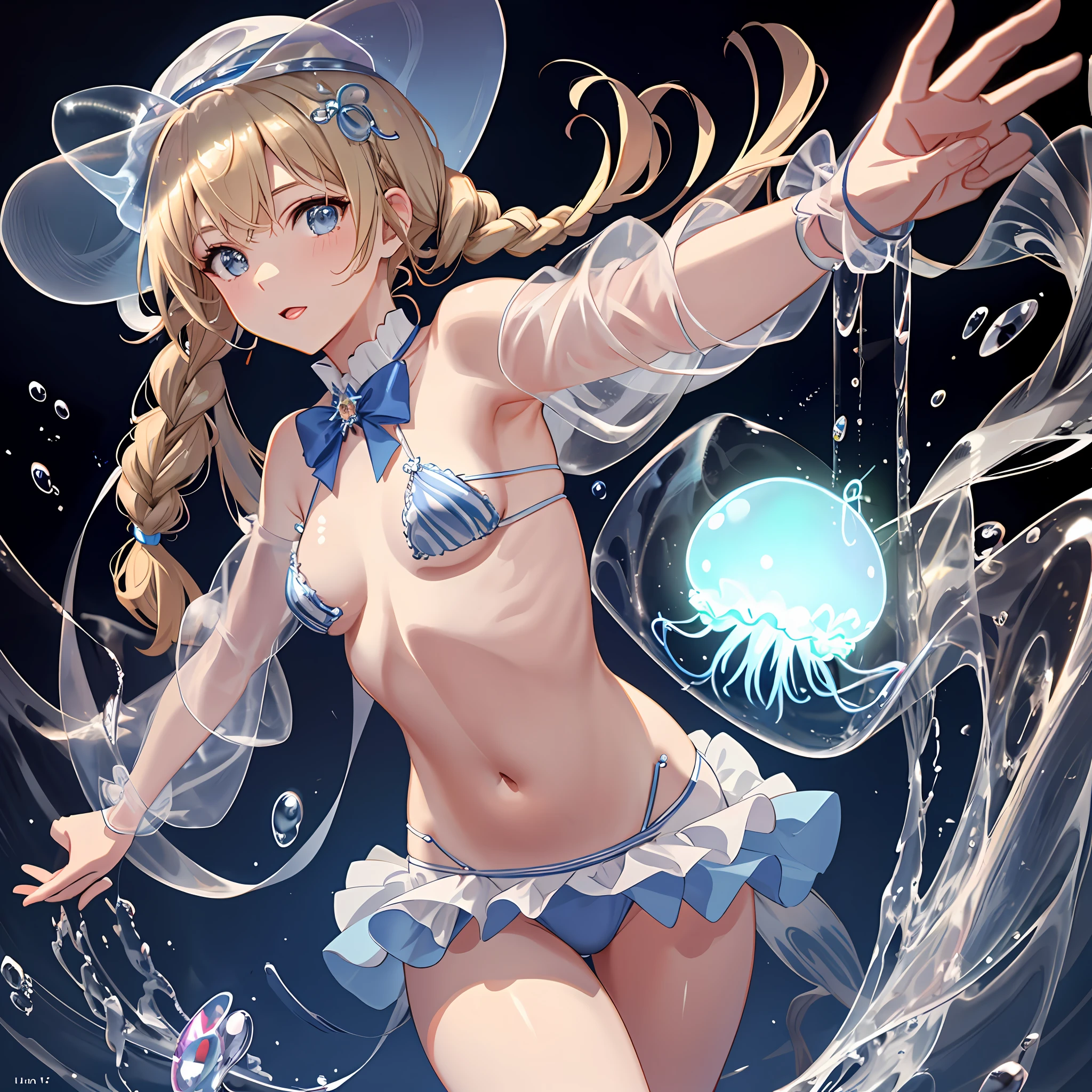 Jellyfish hat, jellyfish nipple seal, bikini and jellyfish fusion, active pose, natural luminescence, night sea, pigtails, small breasts, lower breasts, female brat, thick eyebrows, thin waist, beautiful blonde, braid, (masterpiece), ((highest quality)), (super detailed), girl, (beautiful eyes)), beautiful detailed eyes, clean and detailed face, five fingers, textile shading, perfect anatomy,