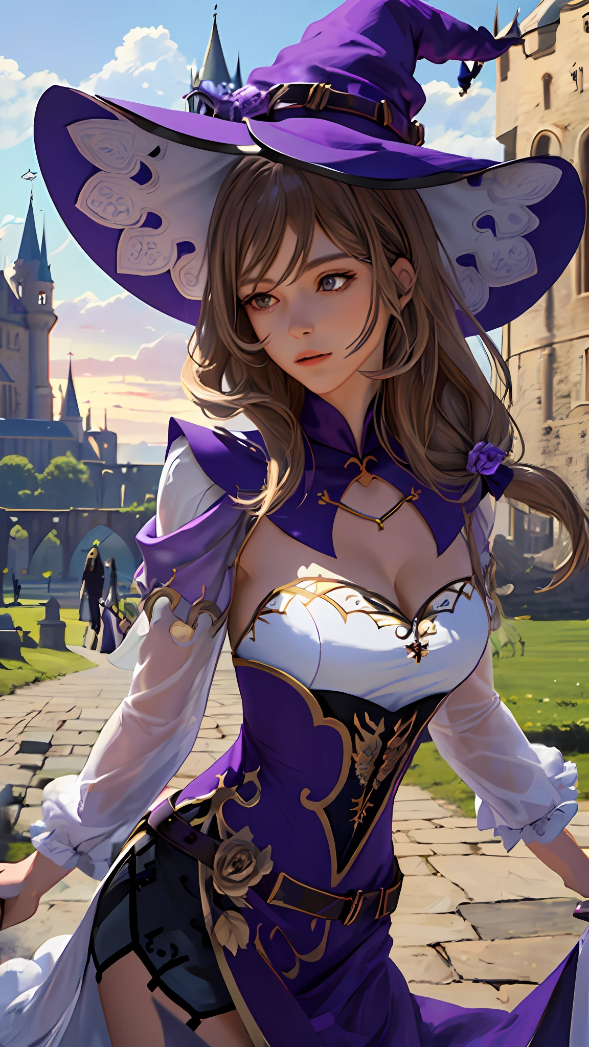 (masterpiece), (best quality), (ultra detailed),(disheveled hair),(illustration), (1girl), long brown hair, purple dress, purple witch hat, outside in front of the castle