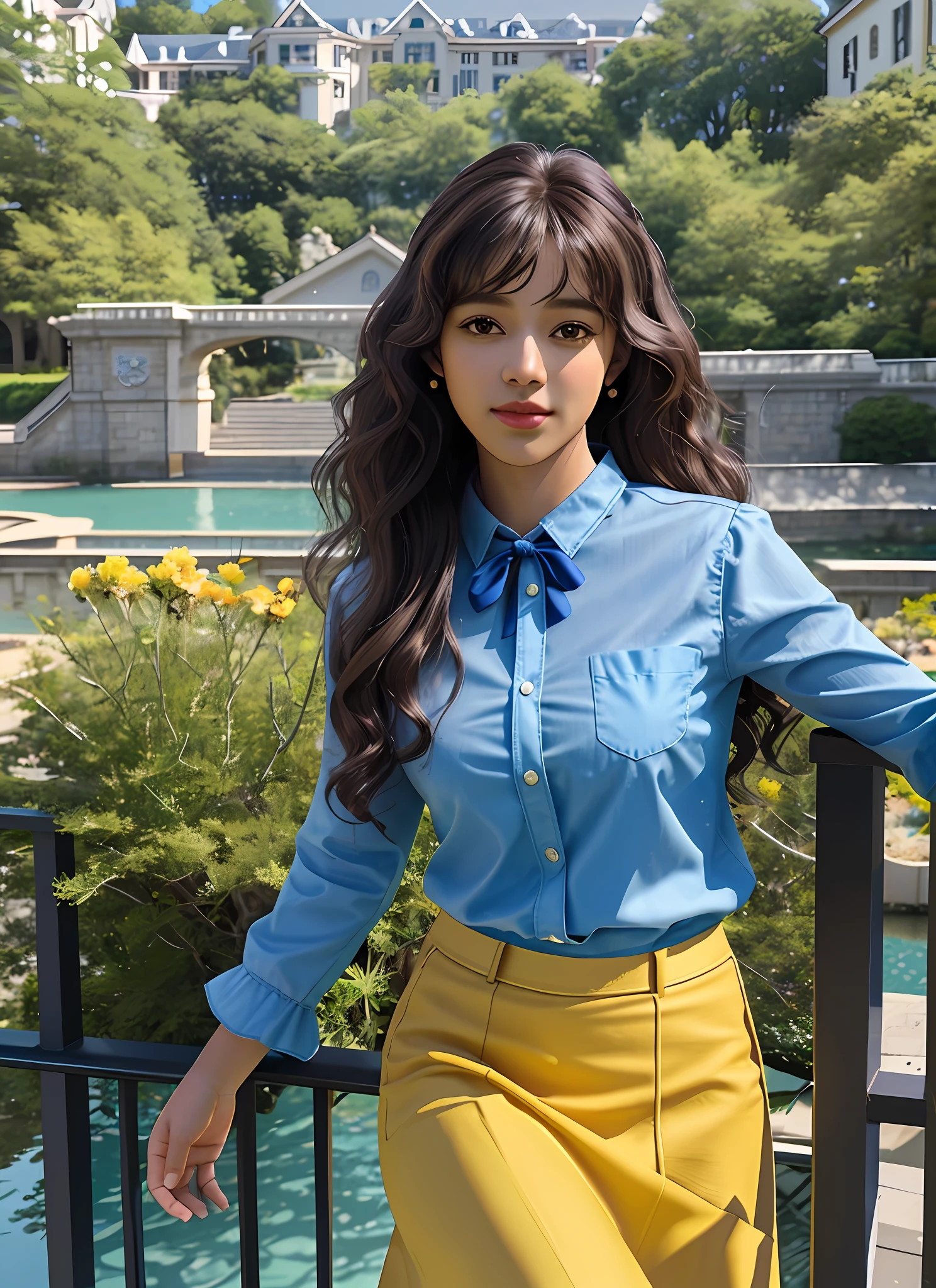 Ultra-realistic, girl alone, 4k, professional photo, 25 year old girl, black girl, girl is on the balcony of a brown mansion, big curly hair, HDR, detailed face, medium body, yellow skirt with flower, (open blue shirt), Masterpiece, (lighting), (1solo), (1girl), detailed background, realistic background, realistic fabric, purple flower tree, a real pond in the background,