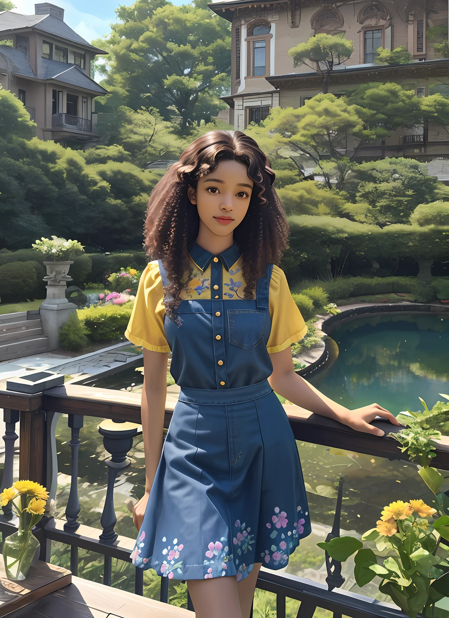 Ultra-realistic, girl alone, 4k, professional photo, 25 year old girl, black girl, girl is on the balcony of a brown mansion, big curly hair, HDR, detailed face, medium body, yellow skirt with flower, (open blue shirt), Masterpiece, (lighting), (1solo), (1girl), detailed background, realistic background, realistic fabric, purple flower tree, a real pond in the background,