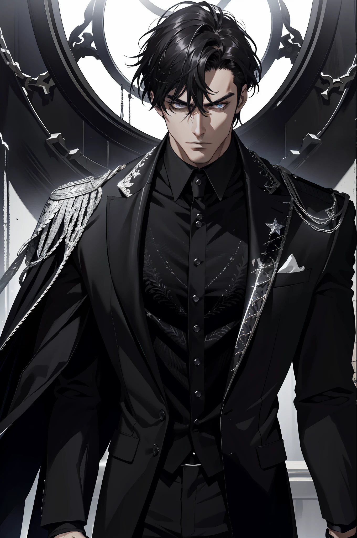 (absurdres, highres, ultra detailed), 1 male, adult, handsome, tall muscular guy, broad shoulders, finely detailed eyes and detailed face, fantasy, night, dark theme, cinematic lighting, portrait, light, facing front, staring at something, silver eyes, black shaggy hair, black suit and black gloves, serious face
