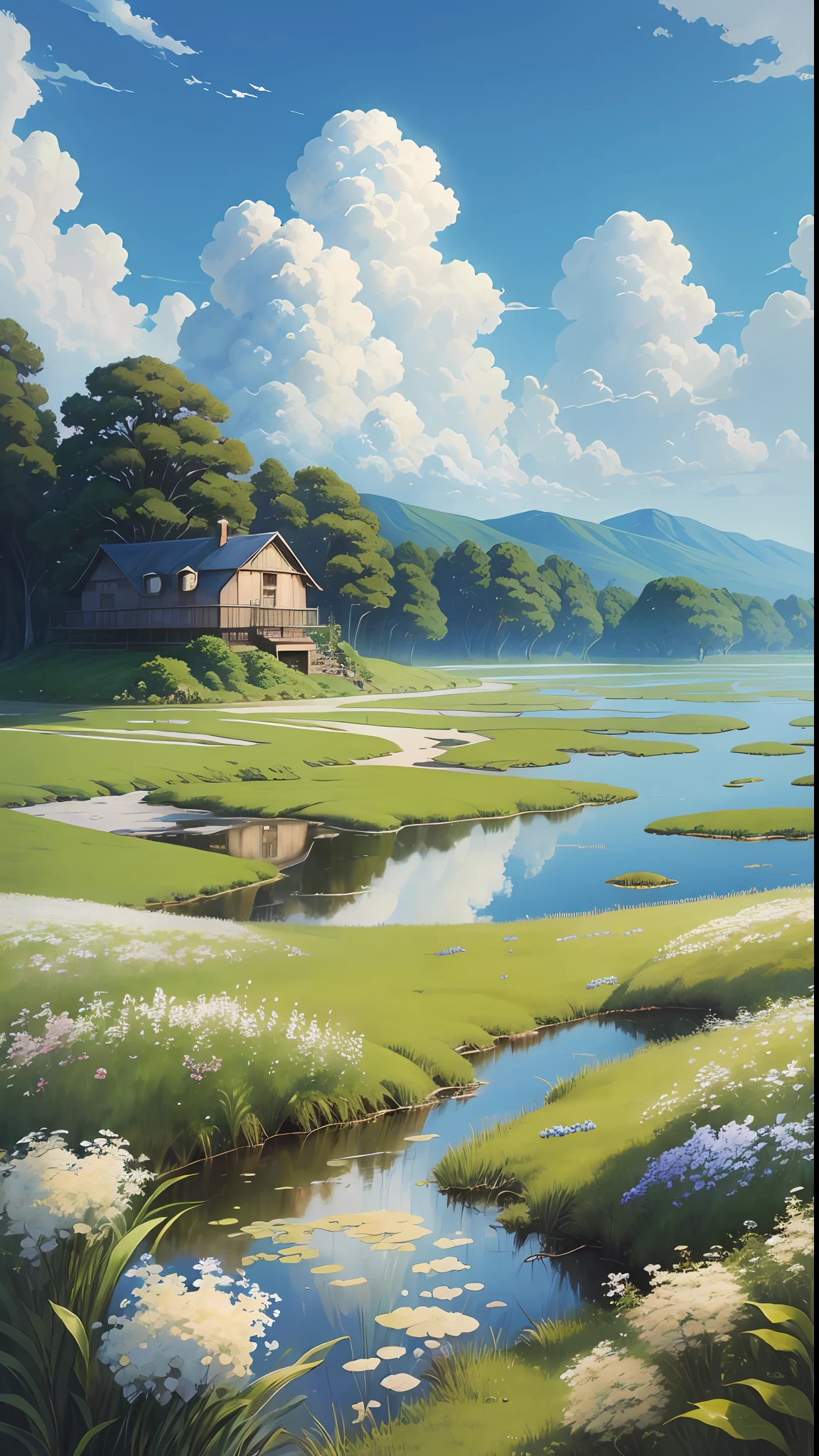 Realistic, authentic, beautiful and amazing landscape oil painting Studio Ghibli Hayao Miyazaki&#39;s petal grassland with blue sky and white clouds --s2