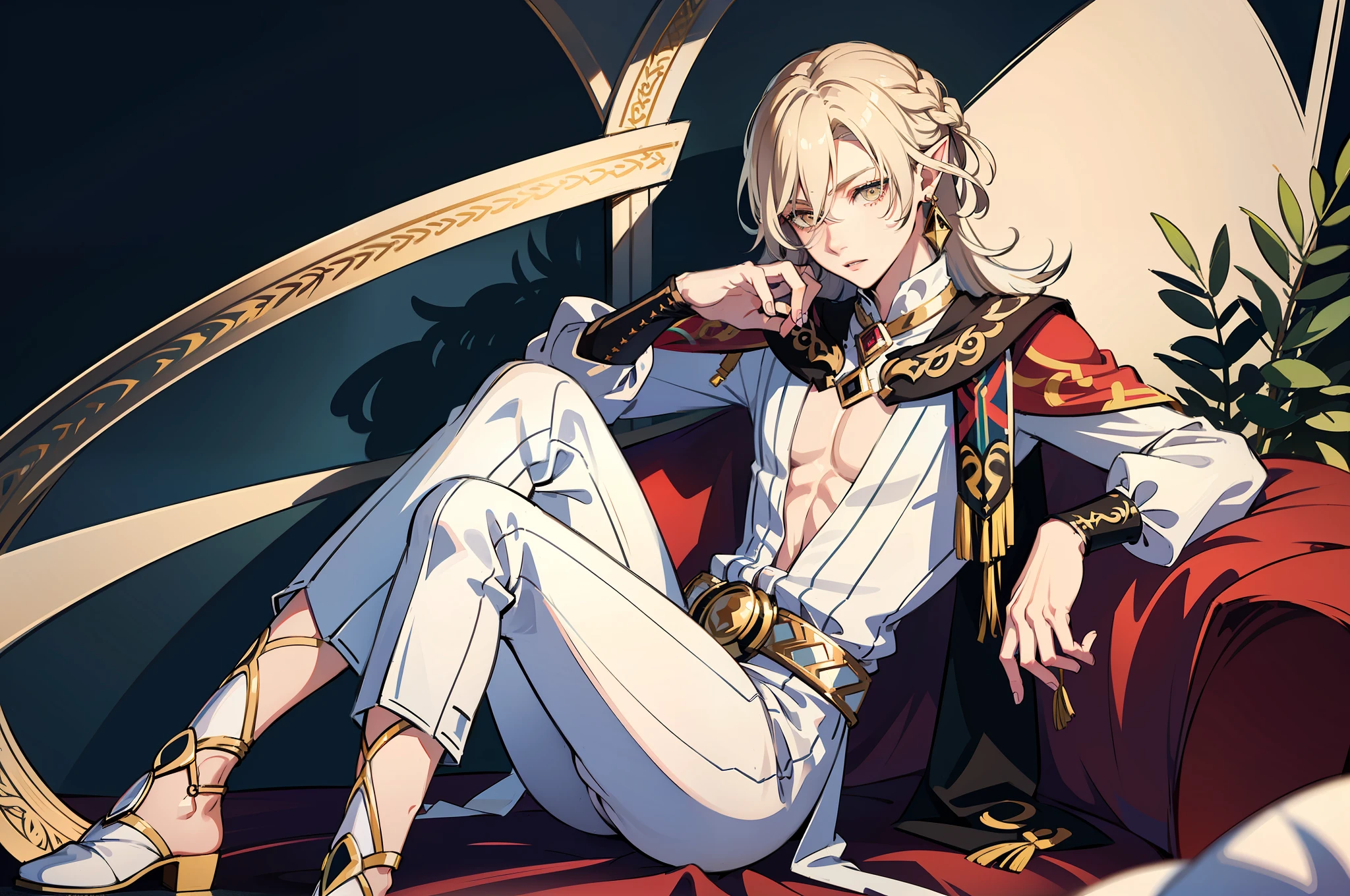 1 boy, 17 years old young man, tall, long straight white hair, pale skin, completely white eyes, ears like elves, glowing white tattoos all over, royal white and gold clothes, sitting on a cloud, looking at the earth on his shoulders, sky in the background, detailed face, detailed hands, detailed legs, detailed fingers, detailed hair, detailed eyes, detailed skin, dynamic lighting, 8K UHD, (super realistic), (photo realistic), (masterpiece), (best quality), (male focus: 1.5) (NSFW: 1.3), correct limbs, femboy