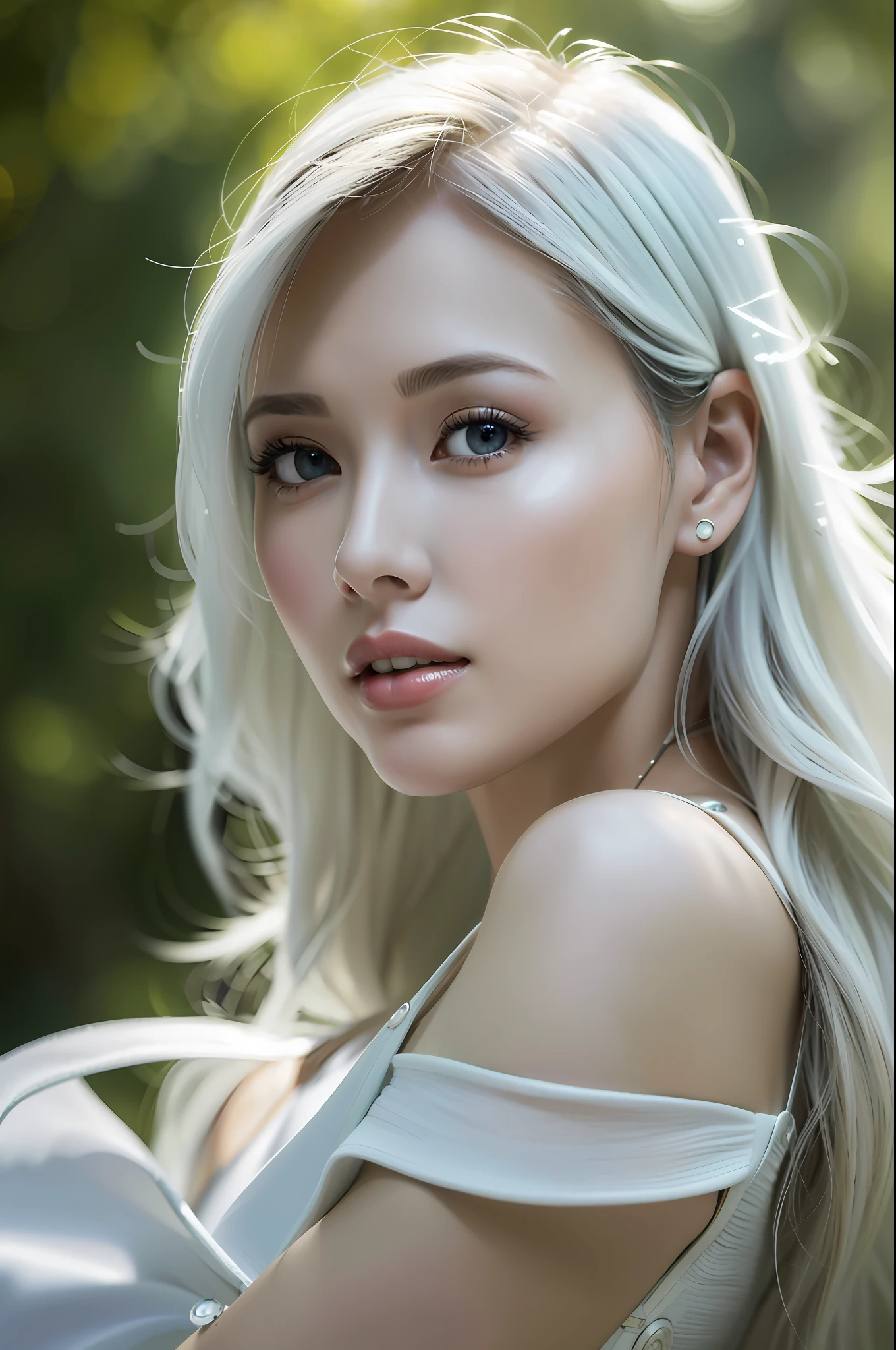 (Silverhair: 1.8), Break (Bob: 1.8), Break Masterpiece, Ultra High Resolution, Viewer's View, Physically Based Rendering, (Morning Glory: 1.5), (Natural Light: 2.0), Depth of Field, (Photo Portrait | Sony a7|135mm Lens | f2:1.0), (Lens Flare | Soft Focus: 1.5), Best Quality, Ultra High Resolution, (Photoreal: 1.5), (Full Body: 1.5), ( Smile: 1.2), (Impressionist, loose brushwork, fleeting light, evocative mood: 1.5), (Soft color, atmospheric depth, hazy edge, visual poetry: 1.5), (Gentle and soft attitude: 1.5), (Beautiful woman in deep forest nature: 1.5), (1 girl: 1.5), (Solo girl: 1.3), (Solo woman: 1.3), (Solo woman: 1.3), ( Tall person:1.2), (Detailed beautiful face:2.0), (Beautiful face:1.7), (Detailed beautiful eyes:2.0), (drooping eyes:1.5),(Gentle gaze:1.5), Break (Big blue eyes:1.1), Break (Pupil dilatation:1.3), [Focus adjustment eyes:1.5], (To have a clear nose:1.3), (Mouth closed:1.5), (Fine hair:1.5), (Slender body :1.1), (Slim Body:1.7), (Slender Shoulder:1.5), (Sloping Shoulder:1.5), (Under Bust:1.7), (Big:1.8), (Firm:1.8), (Thin Arm:1.5), (Thin Leg:1.5) Break (Only one person in the photo:1.5), (White Button Dress:1.8)
