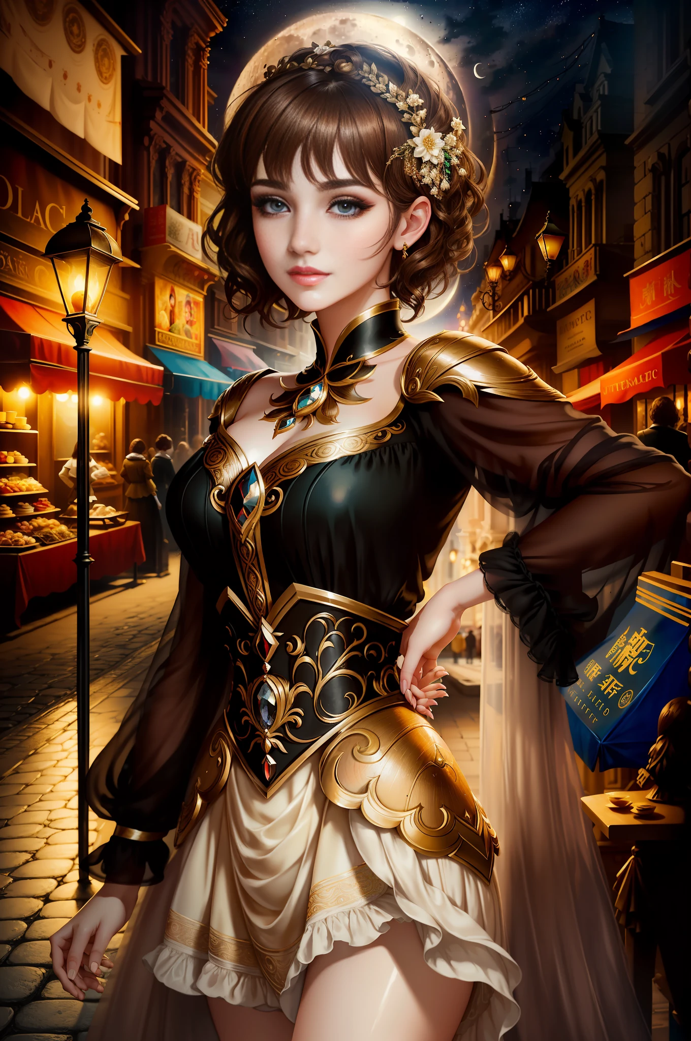 best quality, masterpiece, ultra resolution, (unreal engine: 1.4, realistic: 1.4), original photo, masterpiece, best quality, super detail, Illustrations, (bust shot, street, moon light), masterpiece, 1girl, solo exhibition, beautiful woman on bustling street, surrounded by vendors, beautiful goddess girl portrait, beautiful and detailed face, porcelain skin, ((bust lens, center, night, brunette hair, short hair)), super soft lighting, symmetry, complexity, elegance, high detail, realism , art, concept art, smile, fantasy costume, super fine costume,