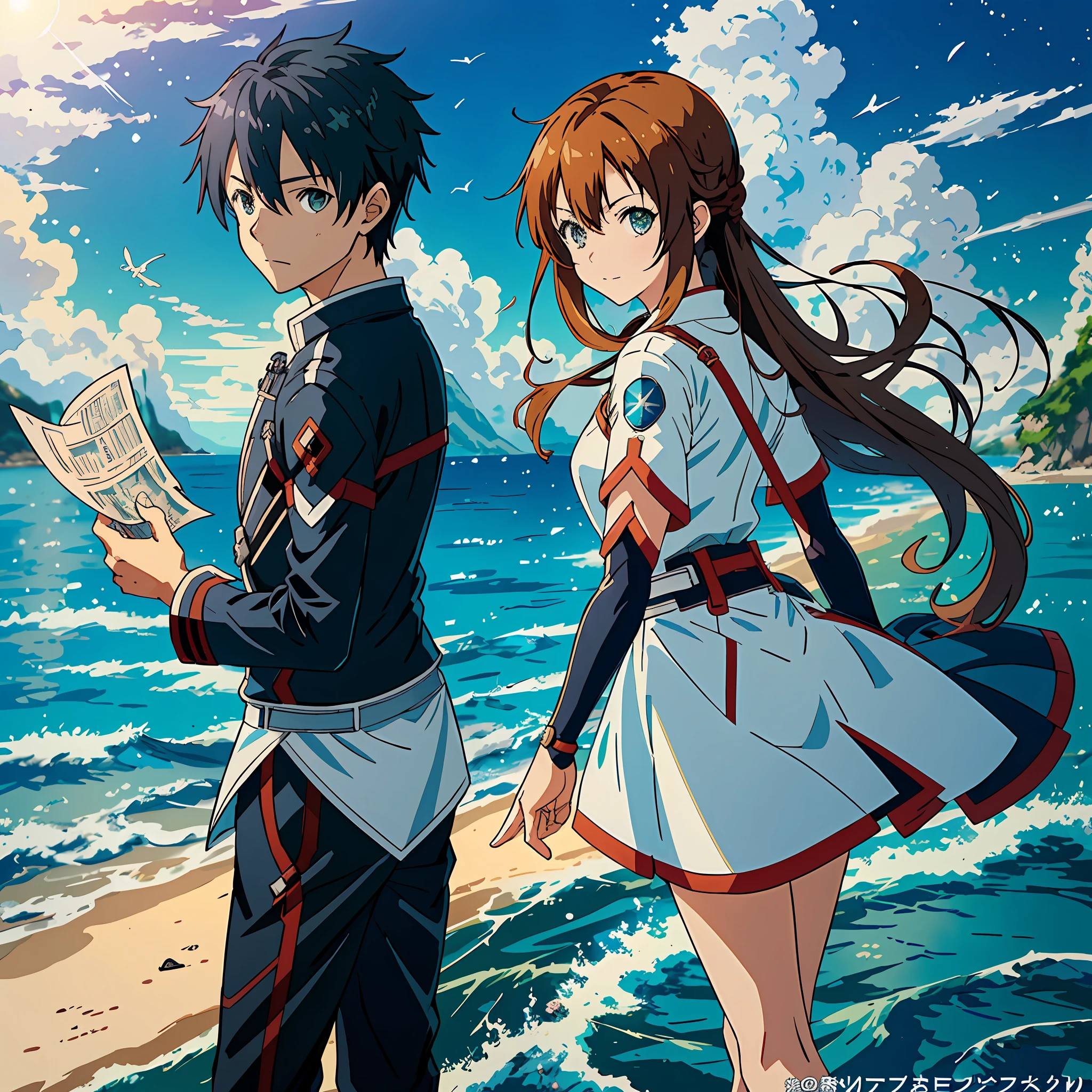 (Best Quality, Masterpiece), an action movie manga sea, newspaper several anime characters standing side by side, SAO style anime, Sword Art Online, SAO, Kirito, anime key art, anime key visual concept art, Asuna Yuki, アニメ, happy !!!, anime movie, science fiction anime
