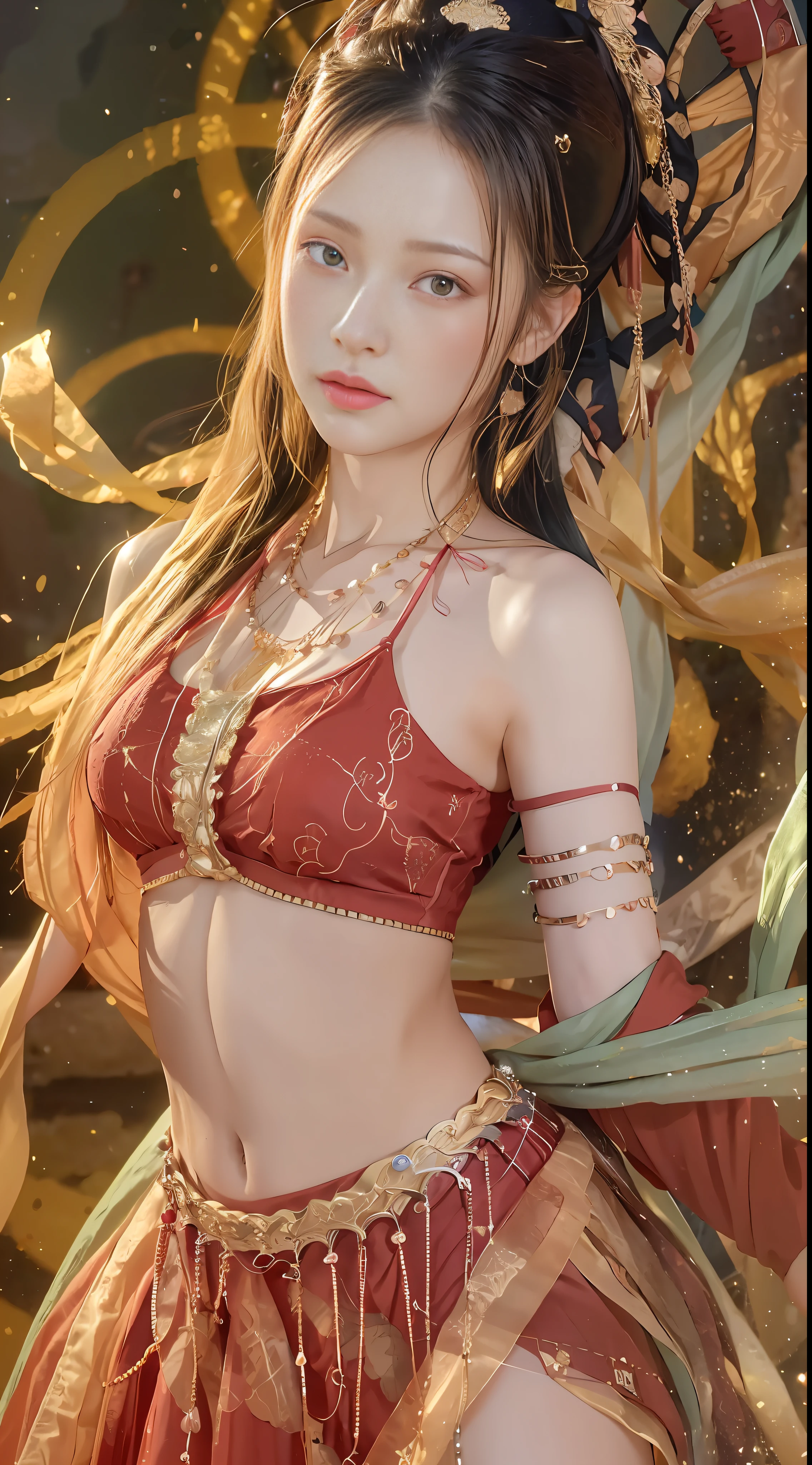 (8k, RAW photo, best quality, masterpiece:1.2), (realistic, photo-realistic:1.4), (extremely detailed CG unity 8k wallpaper), (1 girl:1.5), Western beauty, (Red clothes: 1.4), red spots on forehead, pale skin, blush, big eyes, full body, thighs, open navel, gold waist chain, gold jewelry, flying ribbons, particles, background is Loulan ancient city, ancient city wall, desert, dance, dunhuang_dress, dunhuang_style,