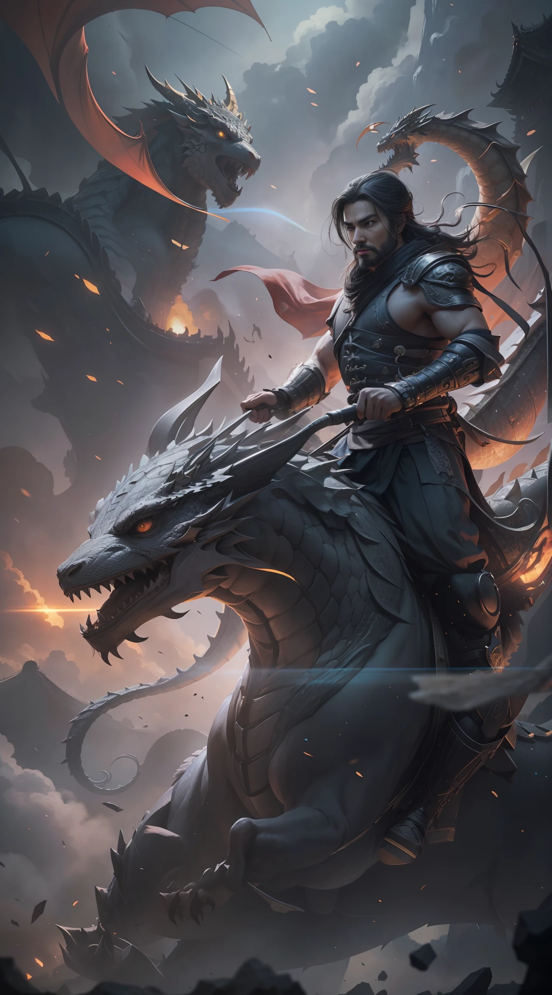 8k, best quality, masterpiece: 1.2), highly detailed, masterpiece, super detailed, (male warrior (riding the dragon)), soaring clouds driving the fog, traditional Chinese ink painting style, front view, character perspective, center composition, black and white color, great wall of China, doomsday city, disdain, martial arts, ancient Chinese sword, hanfu, tasem singh, chinese cyberpunk architecture, gold material, plastic material, cinematic lighting, bright depth of field, maximum sharpness and sharpness, multi-layered texture, albedo and highlight maps, surface coloring, Accurate simulation of light-material interactions, perfect proportions, octane rendering, duotone lighting, low ISO, white balance, rule of thirds, wide aperture, 8K RAW, high efficiency sub-pixels, subpixel convolution, luminescent particles, light scattering, Tyndall effect