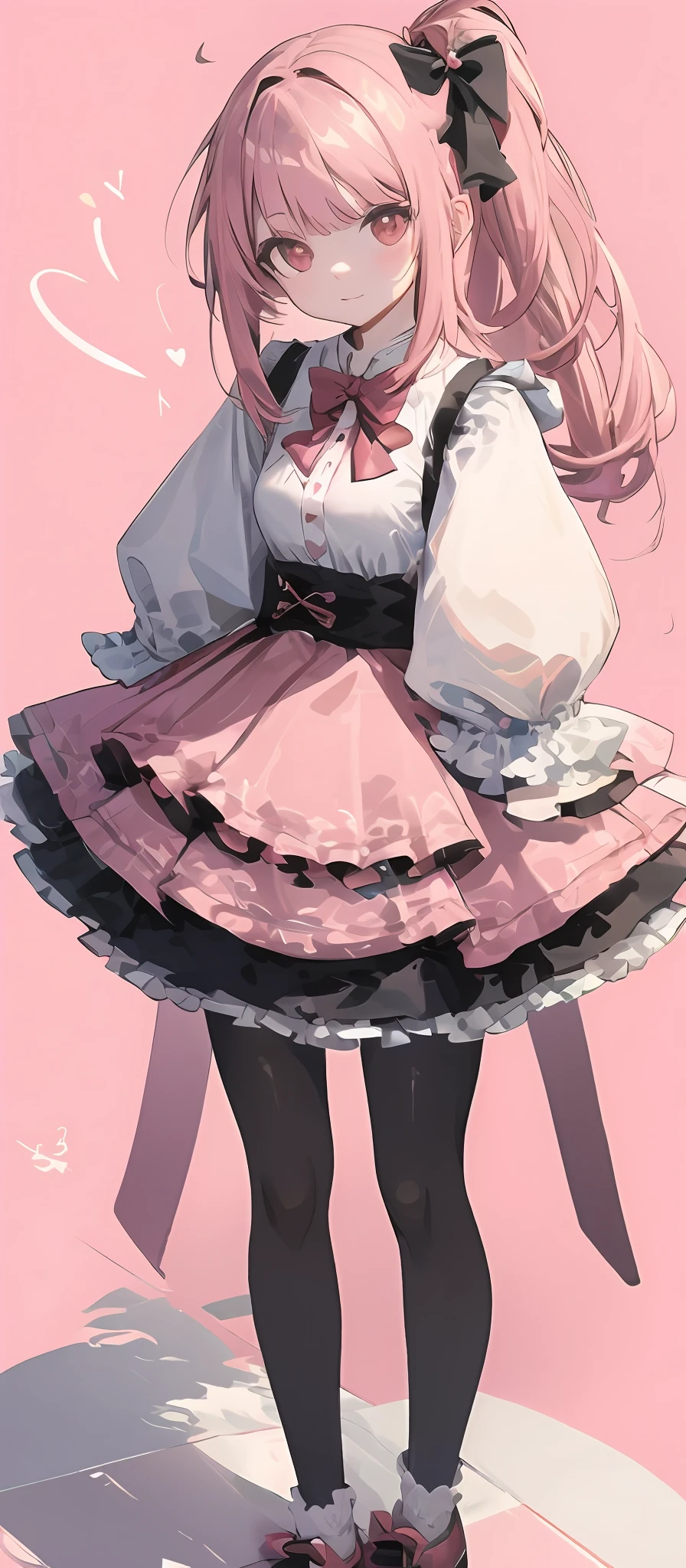 Masterpiece, best quality, 1girl, solo, long hair, looking_at_viewer, bangs, skirt, shirt, pink hair, long sleeves, bow, ribbon, one-sided ponytail, hair_bow, heart, pantyhose, frills, shoes, pink skirt, red eyes, pink background, frilled_skirt, pink_bow,pink_shirt,, platform_footwear, jirai_kei,