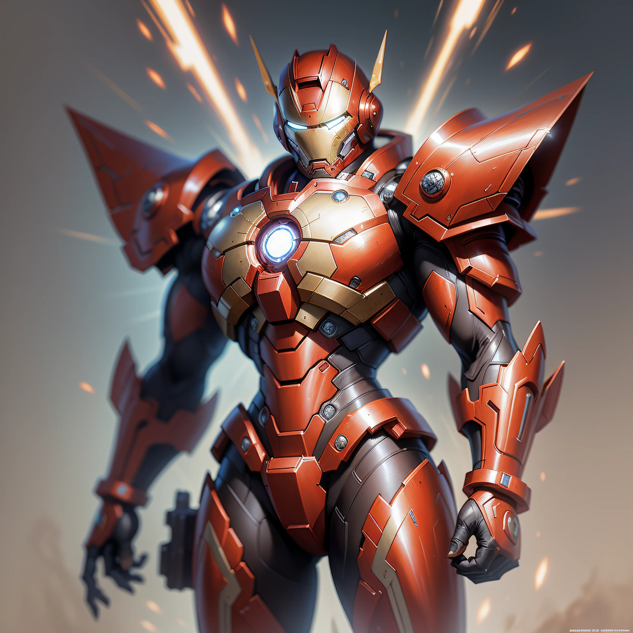 ironman style gundam mobile suite armor in the style of mario feng and ernie barnes, musculine, fantasy, intricate, elegant, highly detailed, digital painting, artstation, concept art, smooth, sharp focus, illustration, art by artgerm and greg rutkowski and alphonse mucha